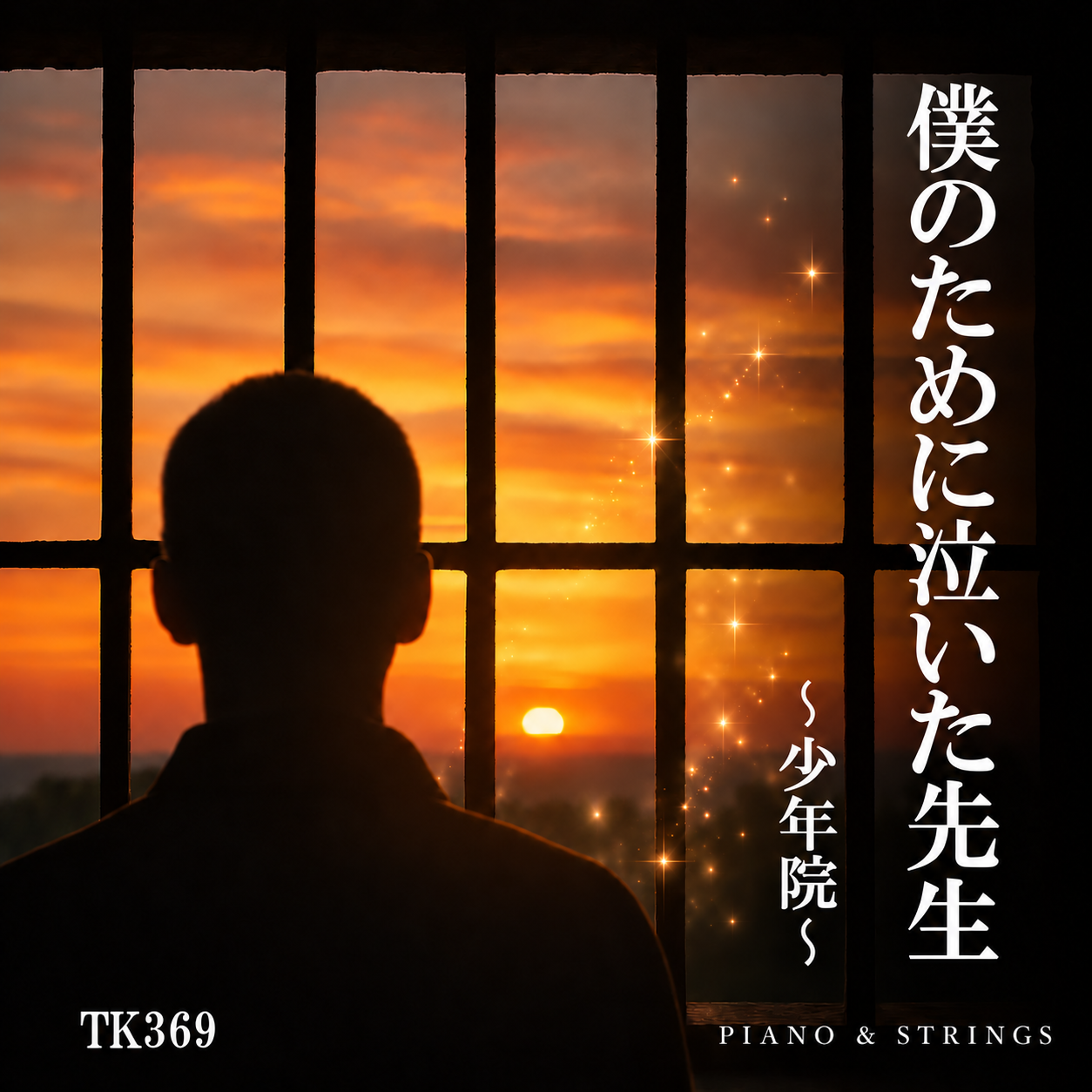 『僕のために泣いた先生〜少年院〜』ピアノと弦楽器版のジャケット。夕日を窓越しに見つめる少年の後ろ姿