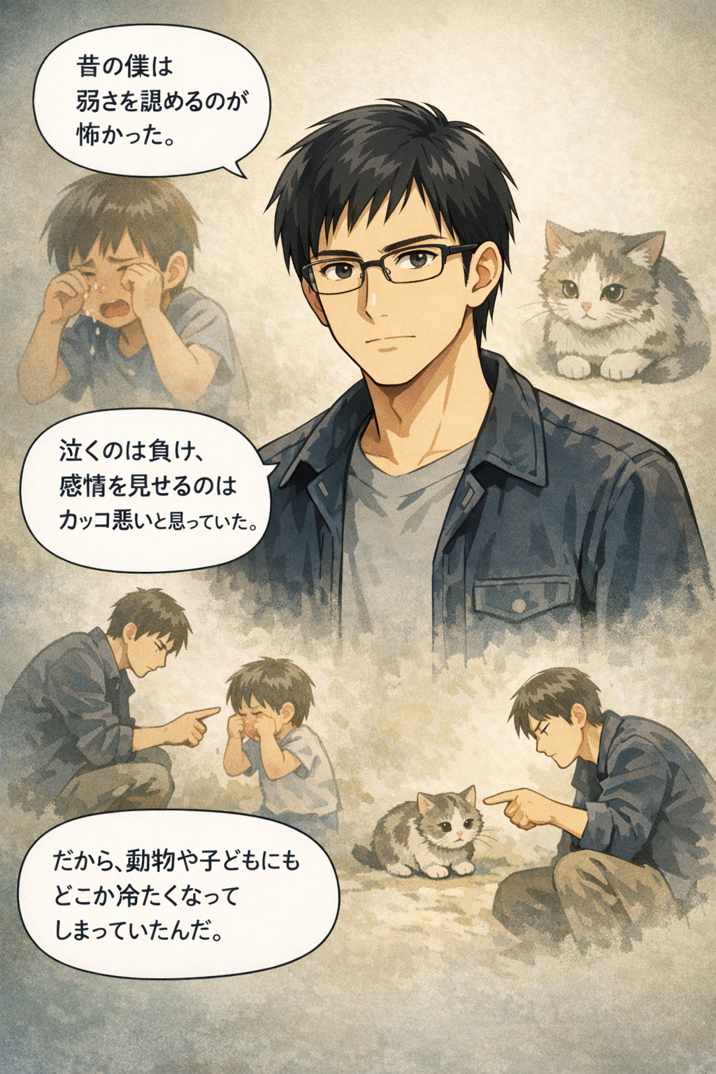 AIビジュアル：弱さを認められないと、子どもや動物に厳しくなりやすい理由