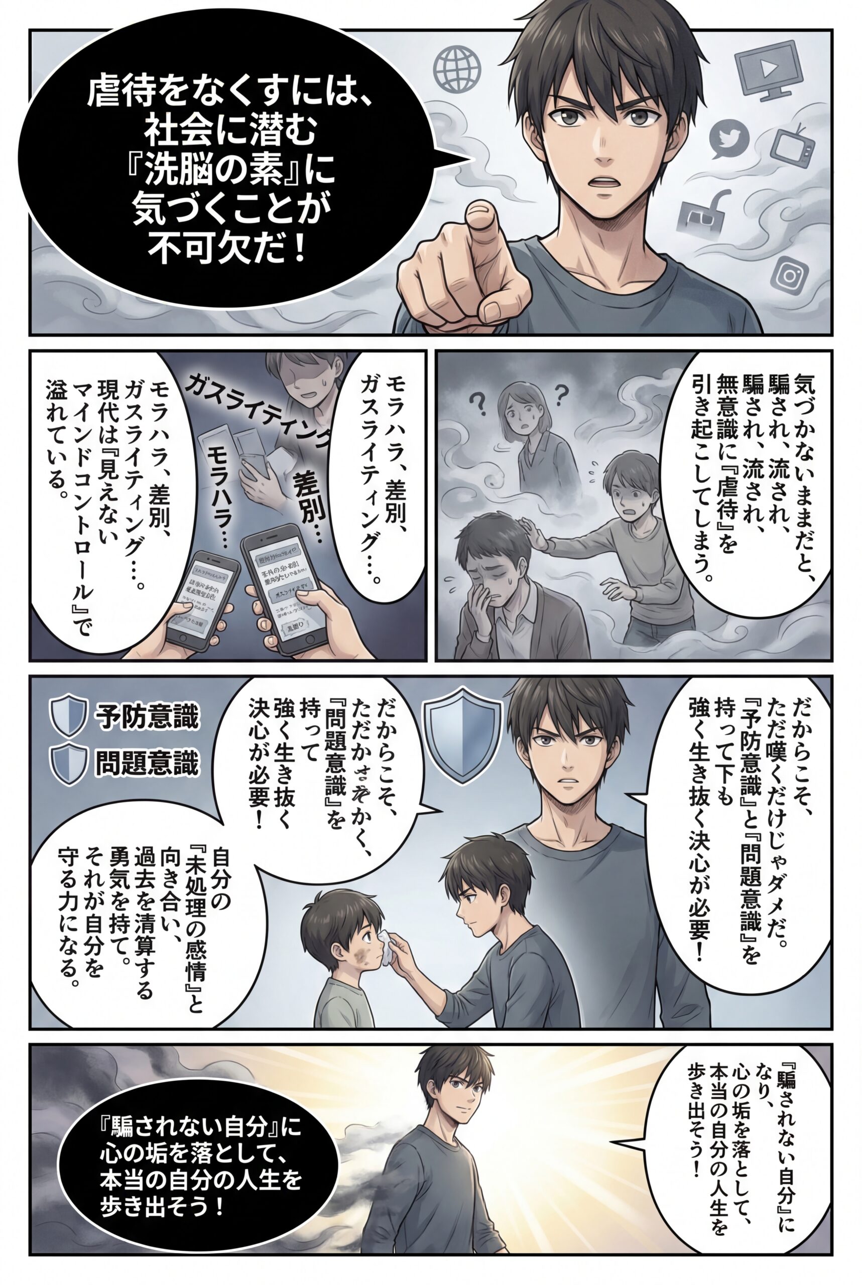 AIビジュアル:虐待をなくしたいと自称する人は、洗脳に仕込まれている「虐待の素」にいつになったら気づくのだろうか…。
