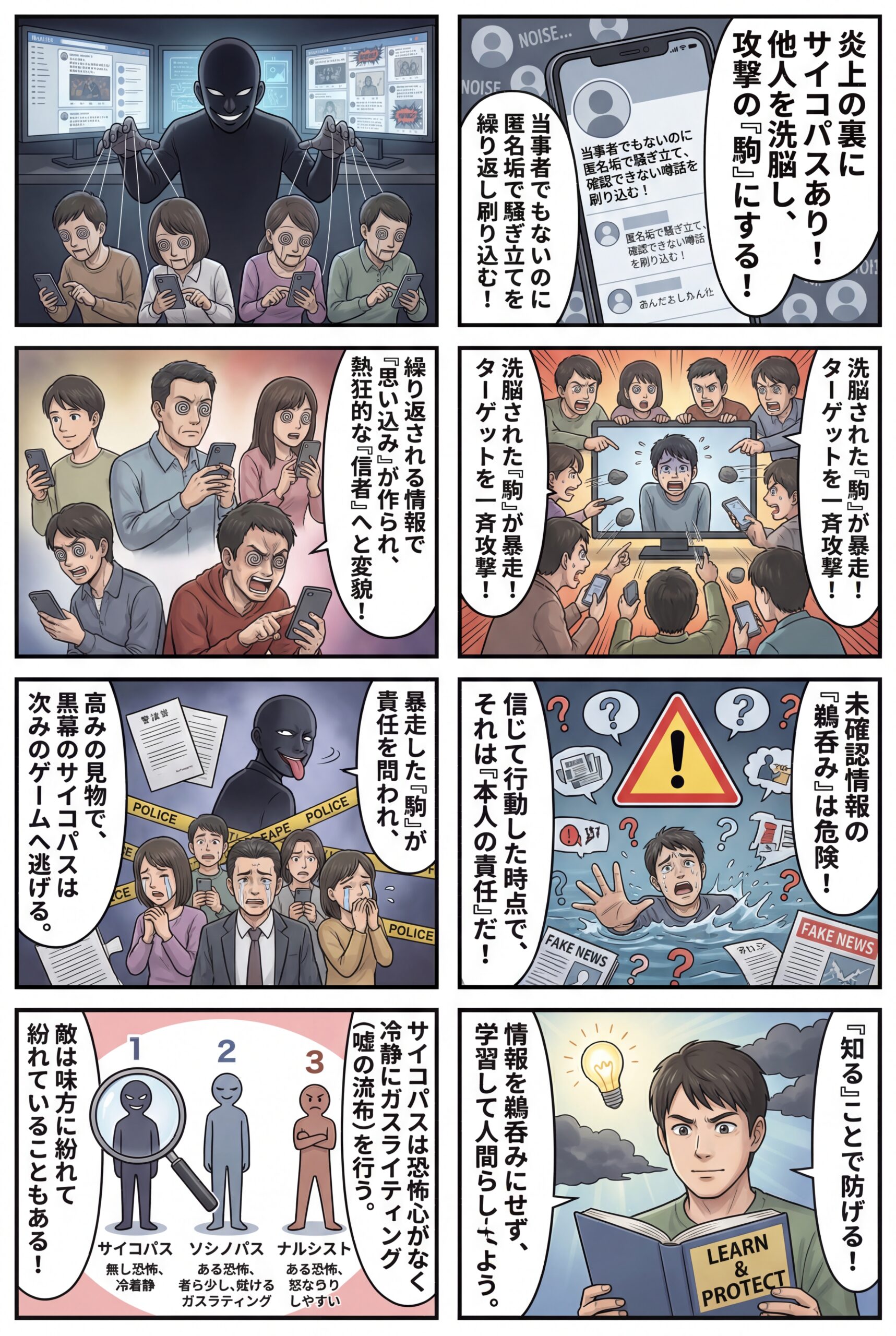 AIビジュアル：炎上させようとする者はサイコパスに多い。サイコパスは誰かを洗脳して「駒」にする。