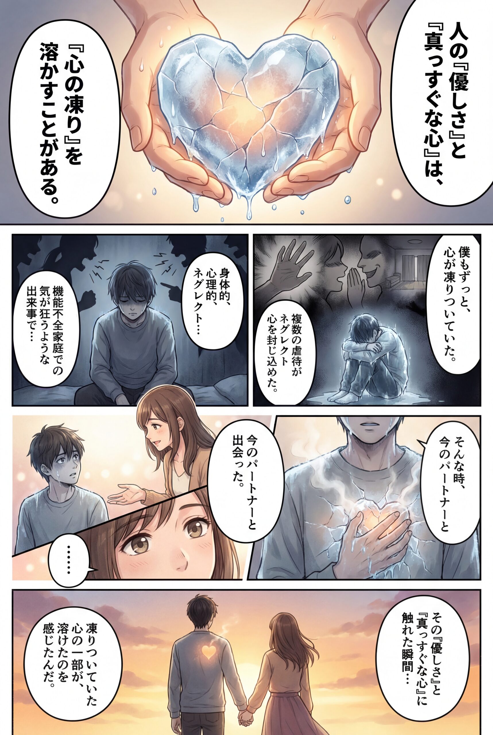 AIビジュアル：人の「優しさ」と「真っすぐな心」は「心の凍り」を溶かしてくれることがある。
