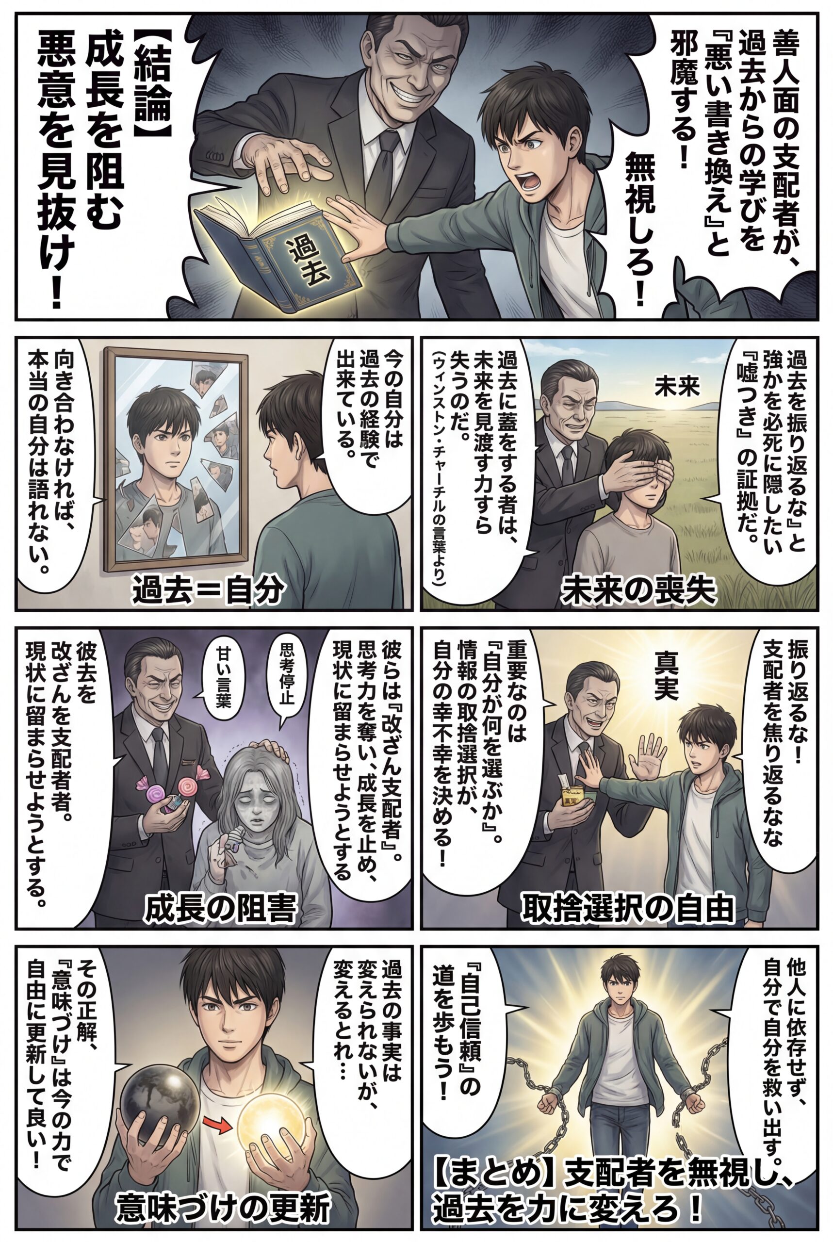 AIビジュアル：善人のフリした支配者は、誰かが過去を振り返り、そこからプラスな何かを見つけることを「悪い書き換え」だと決めつけての邪魔をする