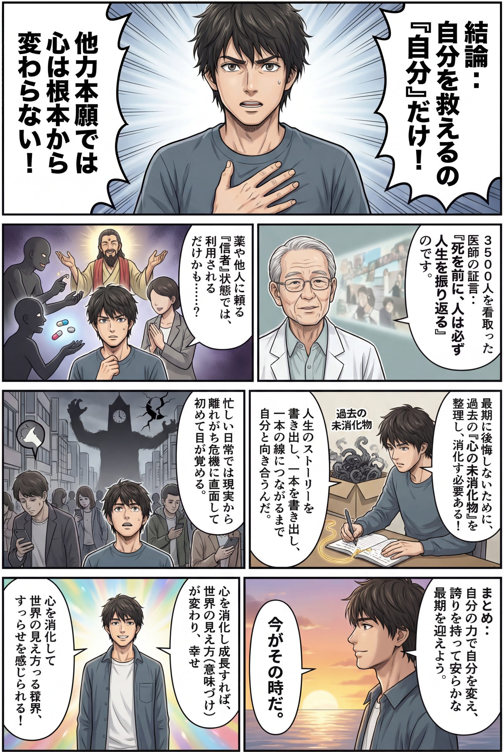 AIビジュアル：死を前にして後悔しないために……。心の消化不良を放置するから病んでいく。未消化の心の情報をしっかり消化しよう！