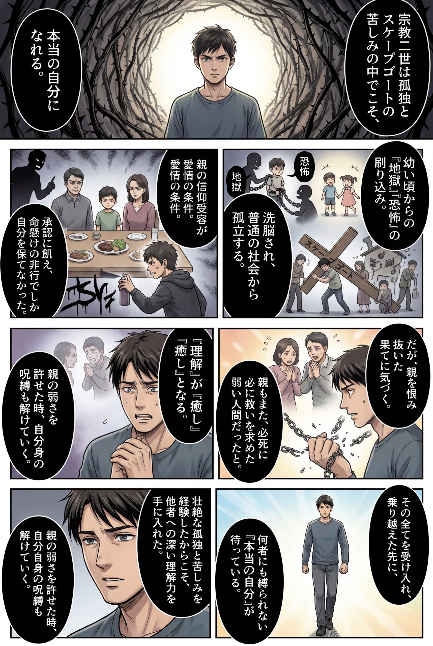 AIビジュアル:宗教二世は孤独と孤立の中で苦しみ、その中でのスケープゴートは更に苦しむ。だからこそ本当の自分になれる。