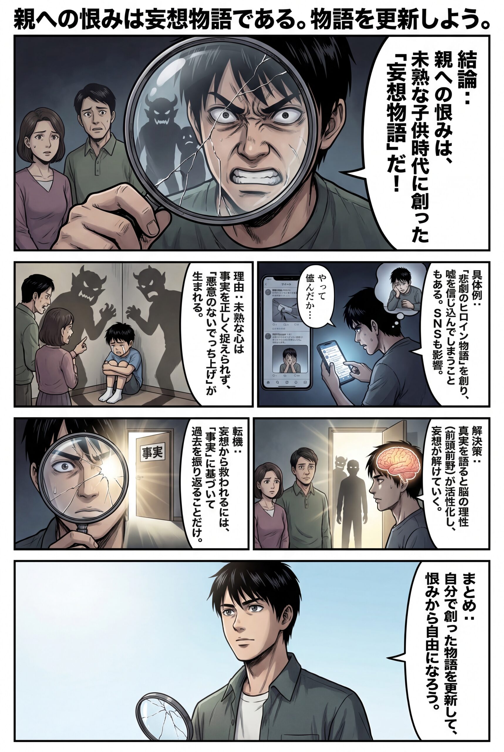 AIビジュアル:親への恨みは妄想である。未熟な子供時代に創ってしまった妄想物語が含まれている。妄想物語を更新しよう。