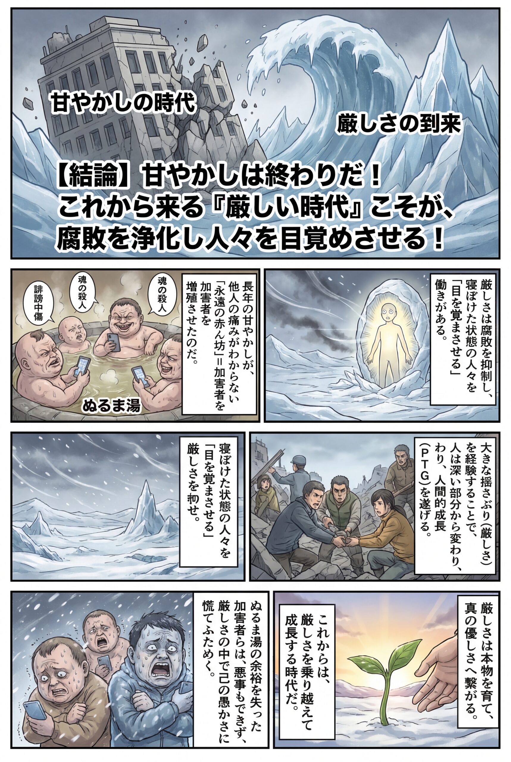 AIビジュアル：甘やかしが加害者を増やした！これから来る厳しい時代の中で煩悩まみれの者らは慌てふためく。