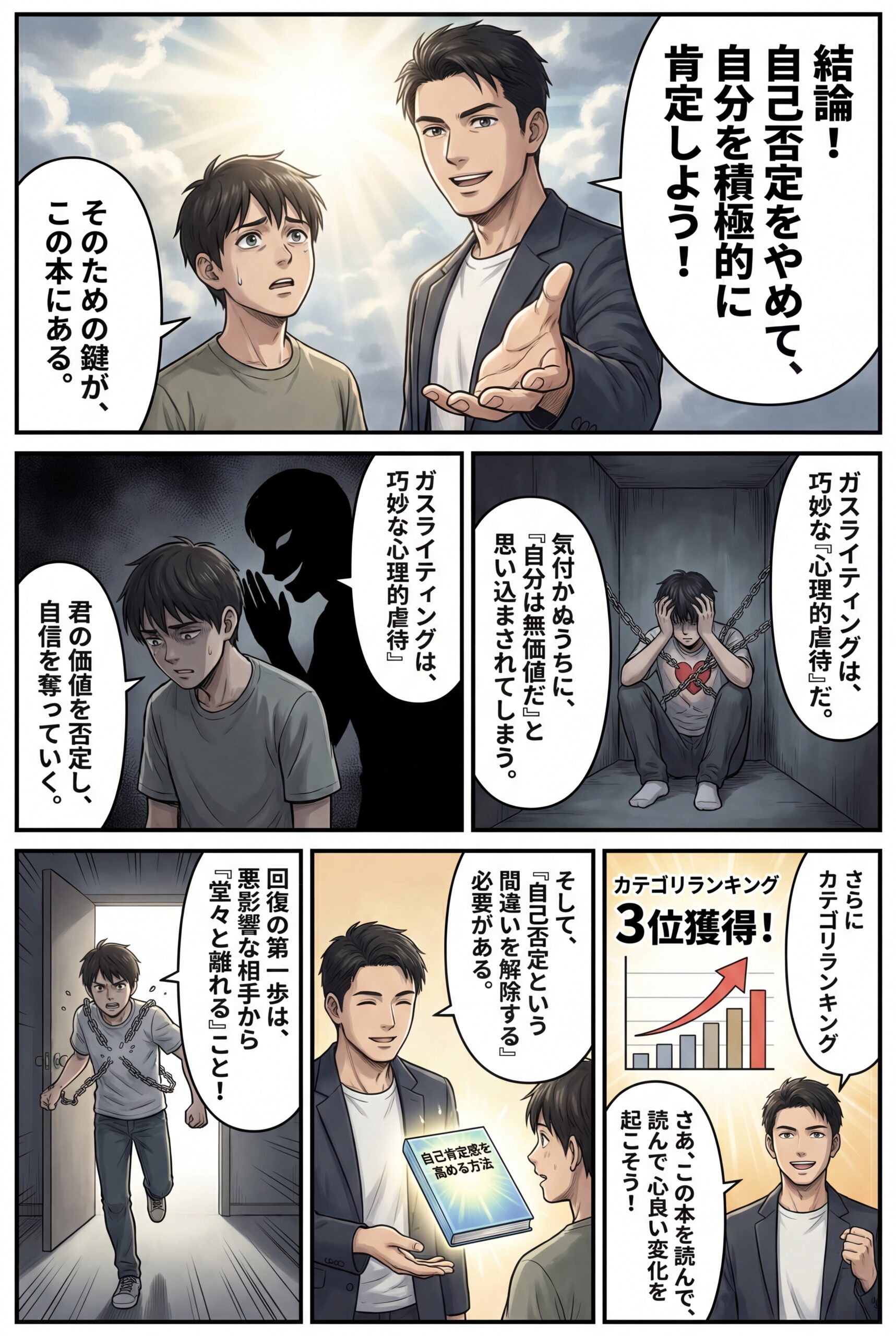 AIビジュアル：3位になったこの本を読んで自己否定をやめて自分を積極的に肯定しよう！ガスライティングで自己否定が強くなる場合もある。