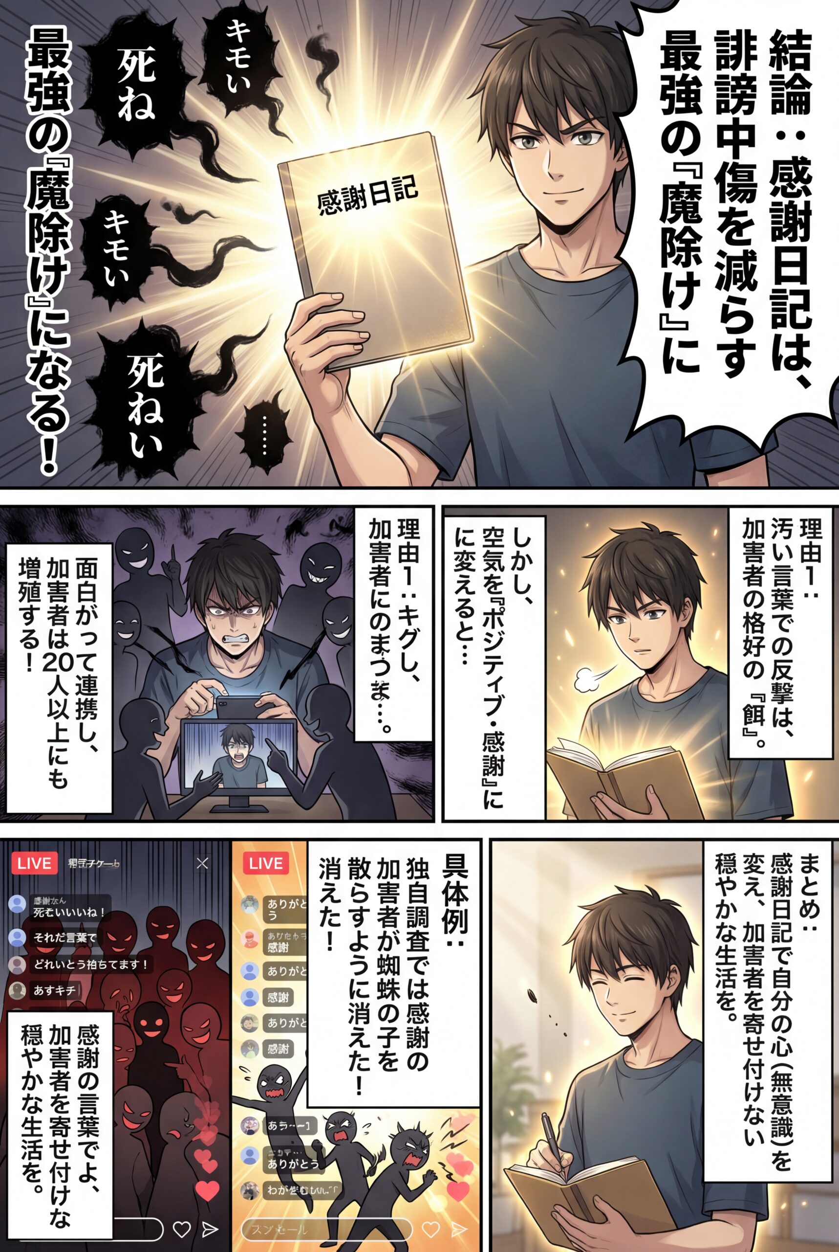 AIビジュアル：感謝日記で誹謗中傷を減らせるって知ってた？