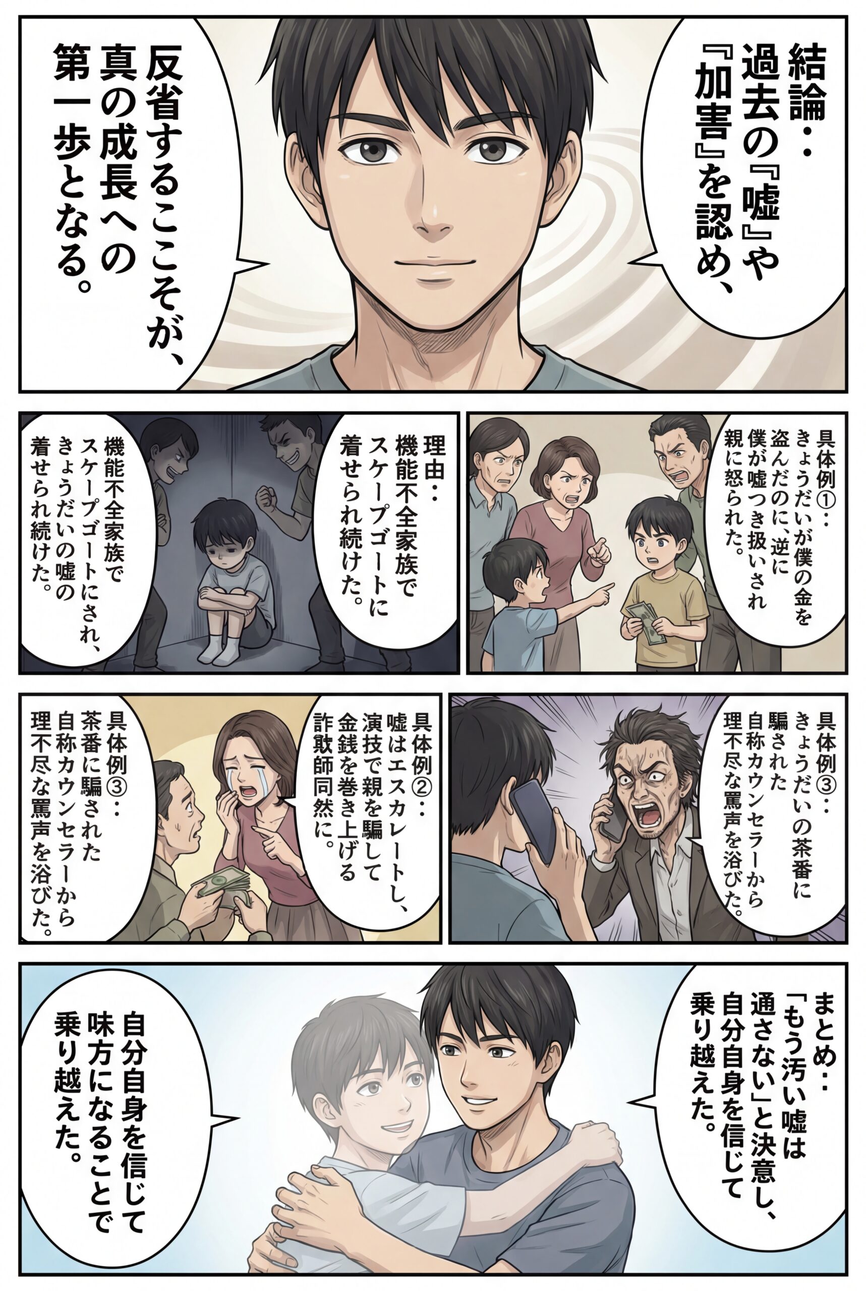 AIビジュアル:機能不全家庭でガスライティングを受けた話:加害者は嘘を覚えたことを思い出して反省すると成長出来る!