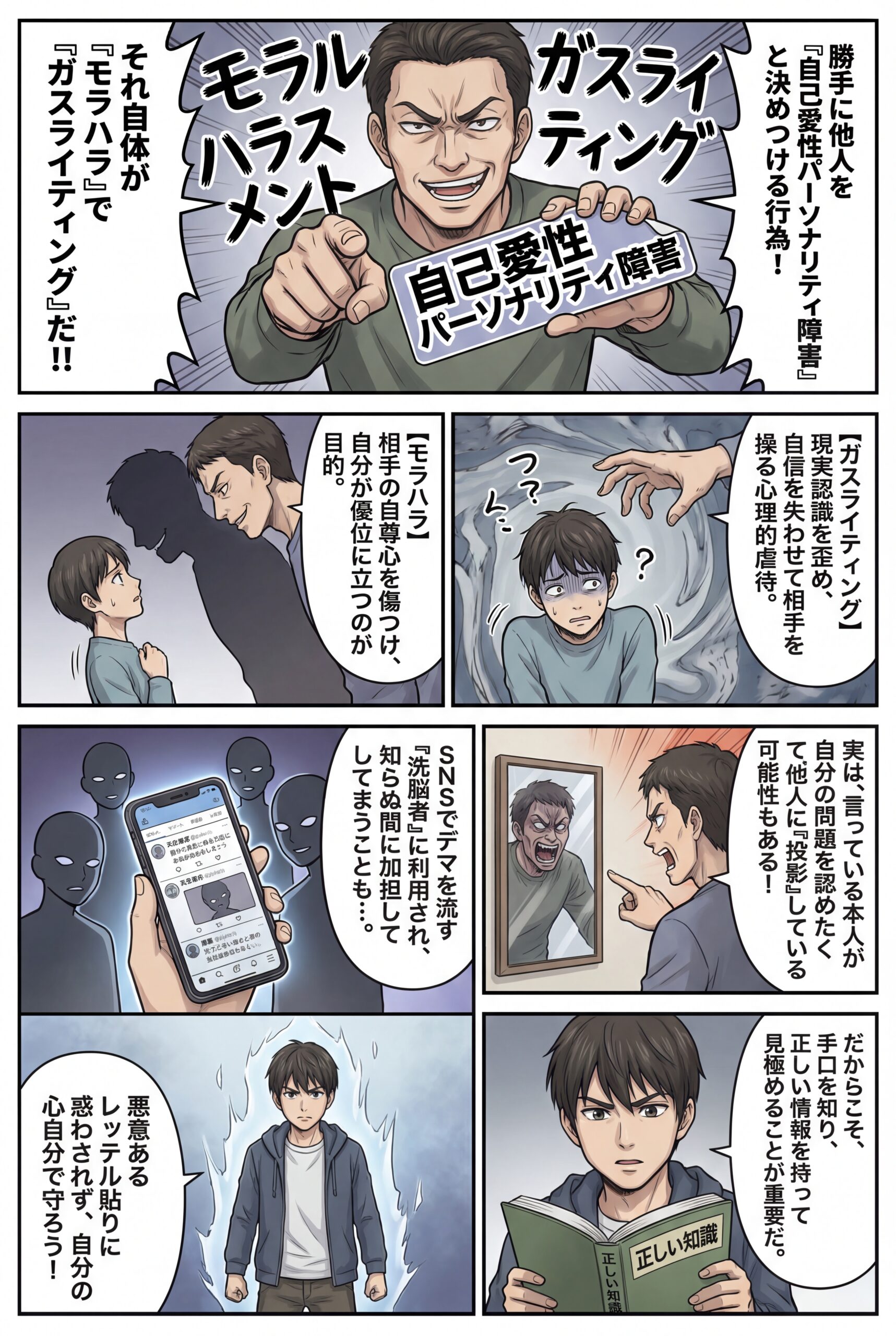 AIビジュアル：他人を勝手に「あいつは自己愛性パーソナリティ障害だ」と診断するモラルハラスメントとガスライティングの見分け方