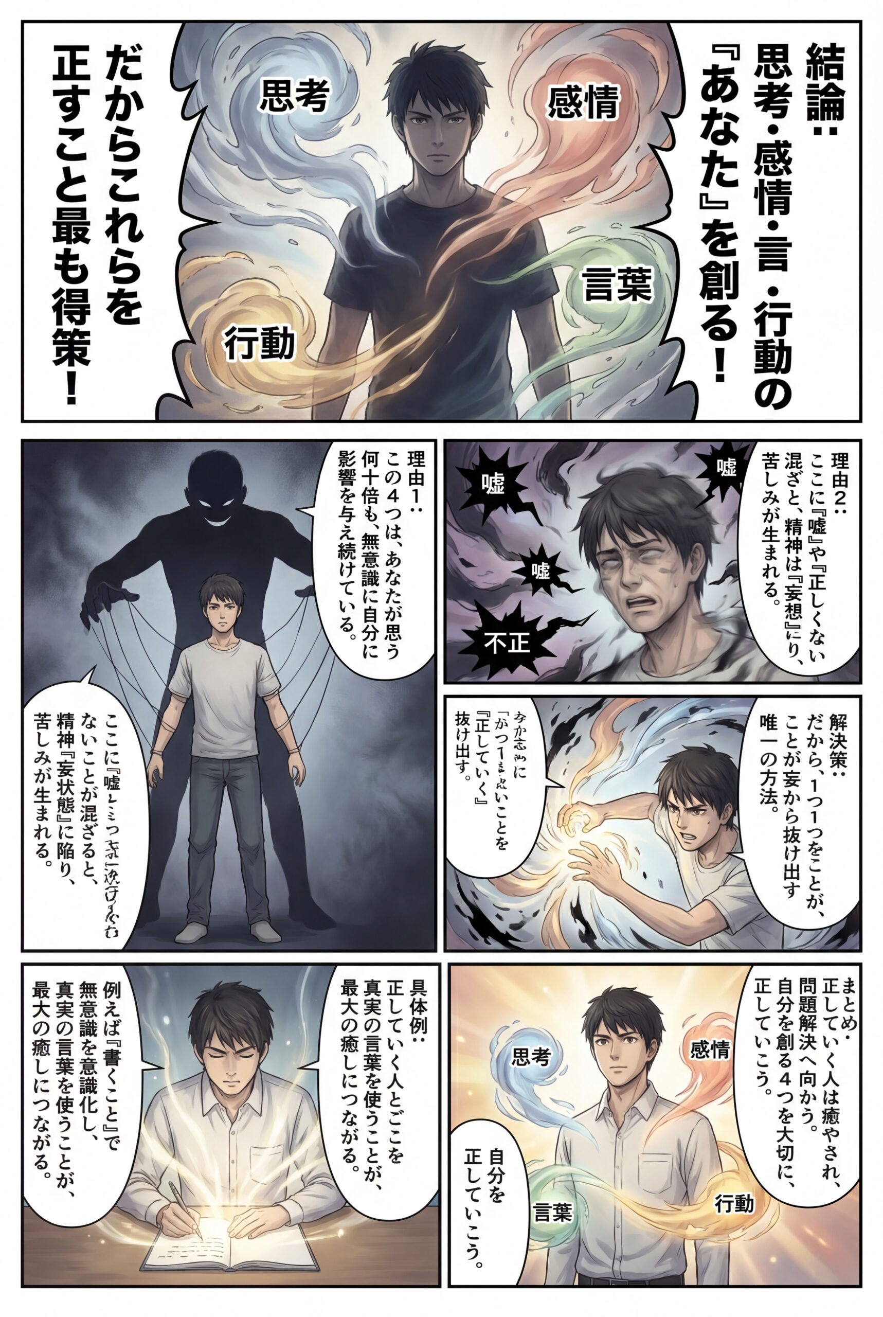 AIビジュアル：人間の精神活動における、思考、感情、言葉、行動の４つがあなたを創る！だから正した方が得！