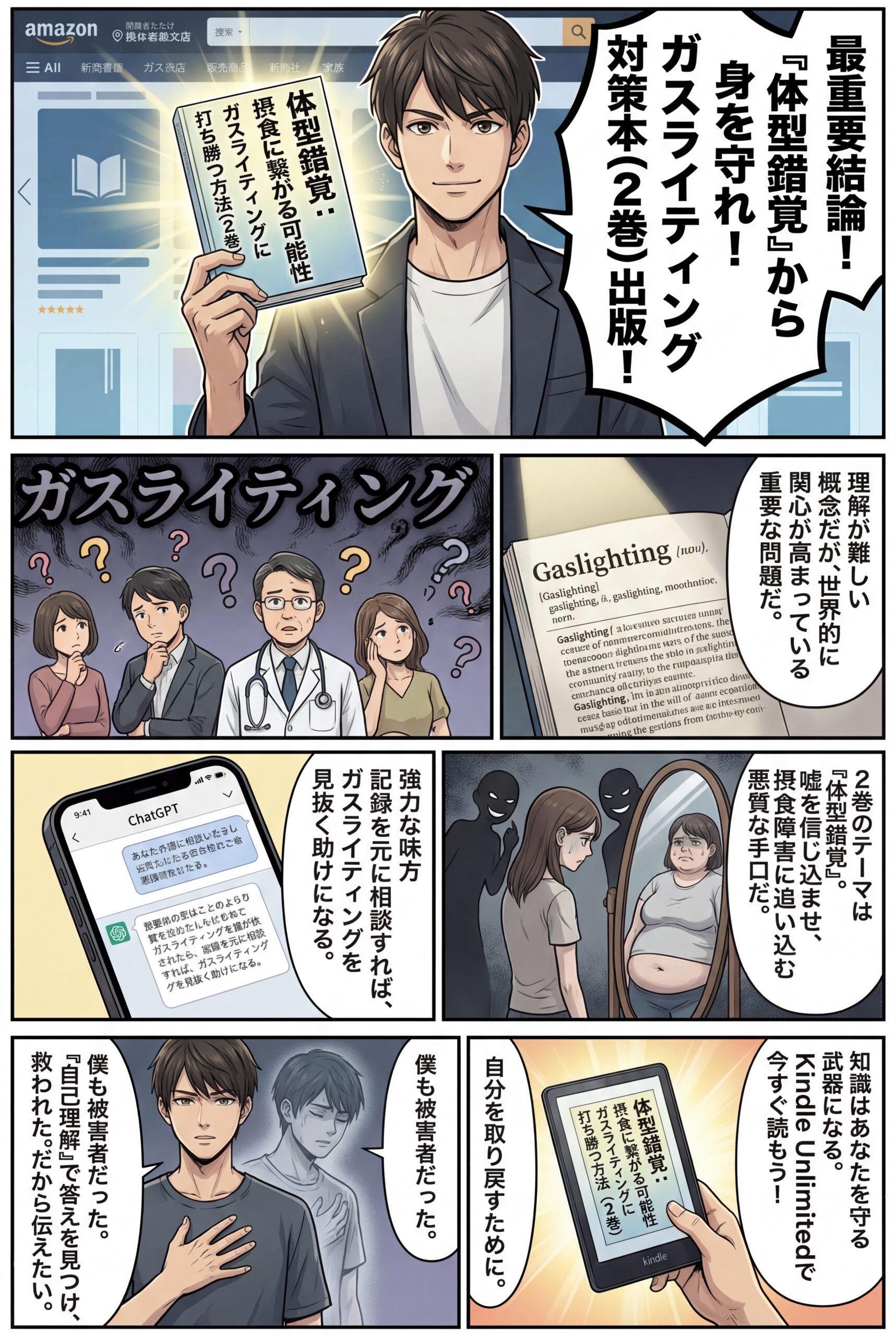 AIビジュアル：【体型錯覚：摂食に繋がる可能性】ガスライティングに打ち勝つ方法（２巻）をAmazonのKindleストアで出版しました！