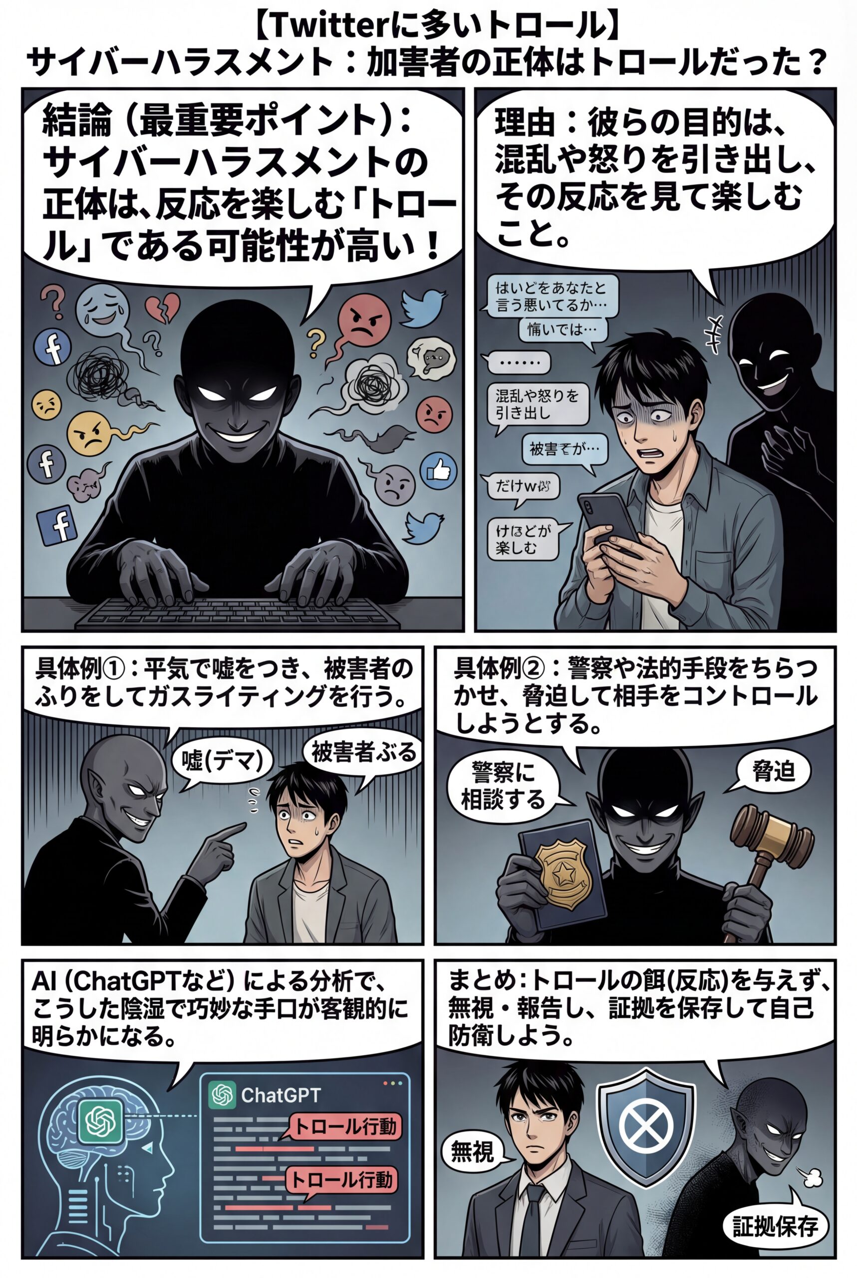 AIビジュアル：【Twitterに多いトロール】サイバーハラスメント：付き纏ってきた加害者の正体はトロールだった？ トロールとは？（ChatGPT4.0が解説）