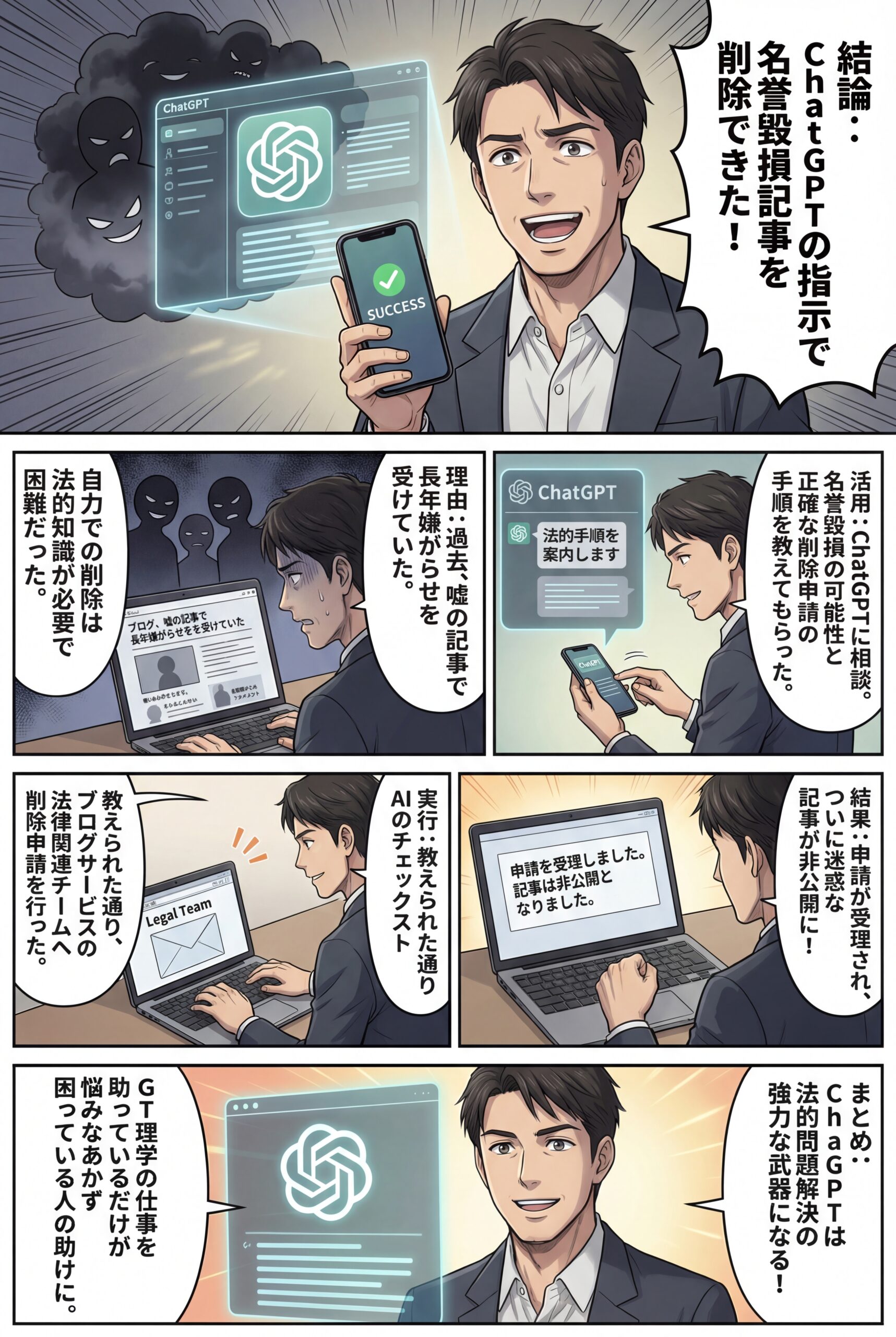 AIビジュアル：ChatGPTはすごい！名誉毀損記事の削除申請方法を教えてもらえたよ！そして非公開にしてもらえた！