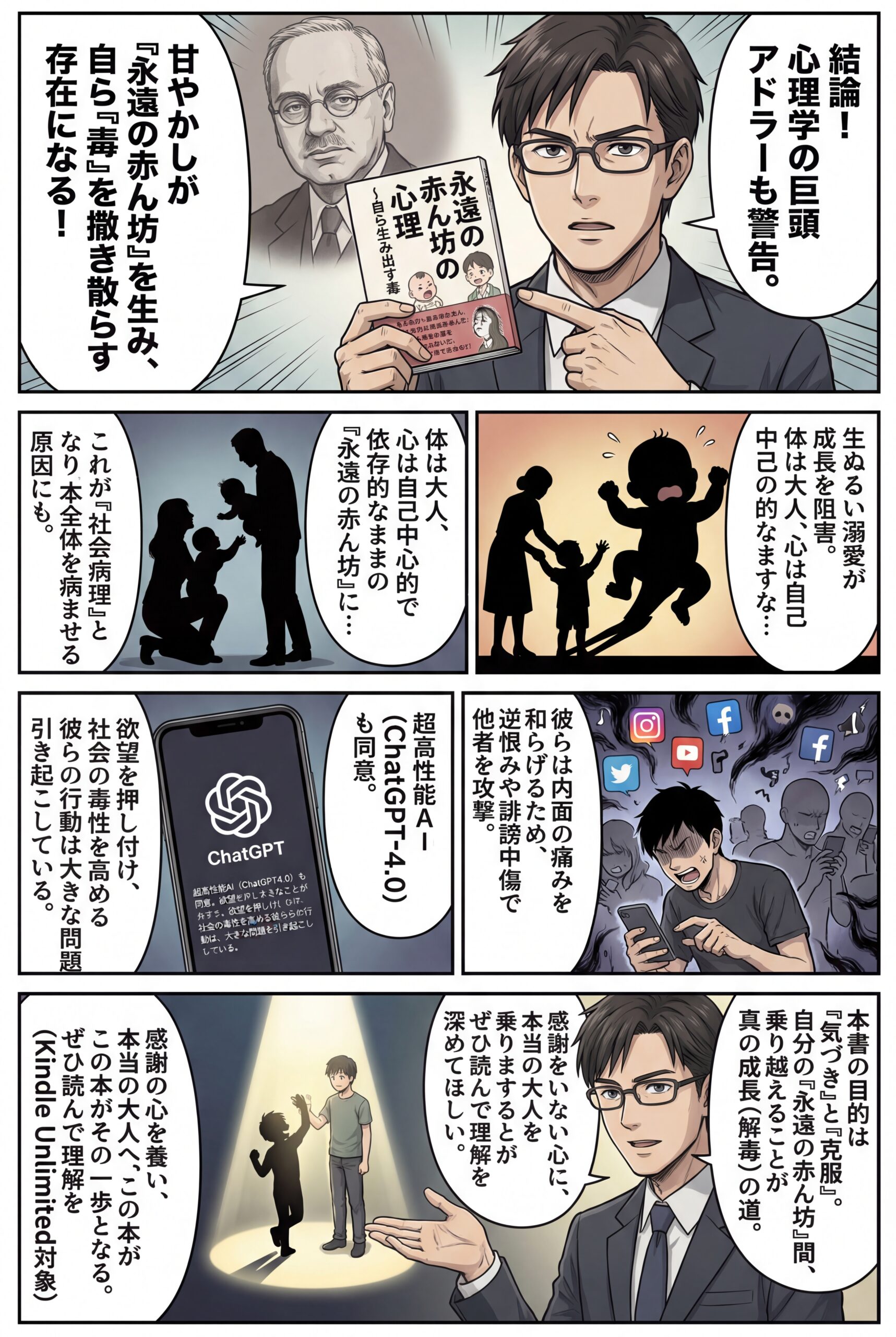 AIビジュアル：書籍「永遠の赤ん坊の心理〜自ら生み出す毒」を出版しました。心理学三大巨頭の１人アドラーの言っていることは本当のこと。