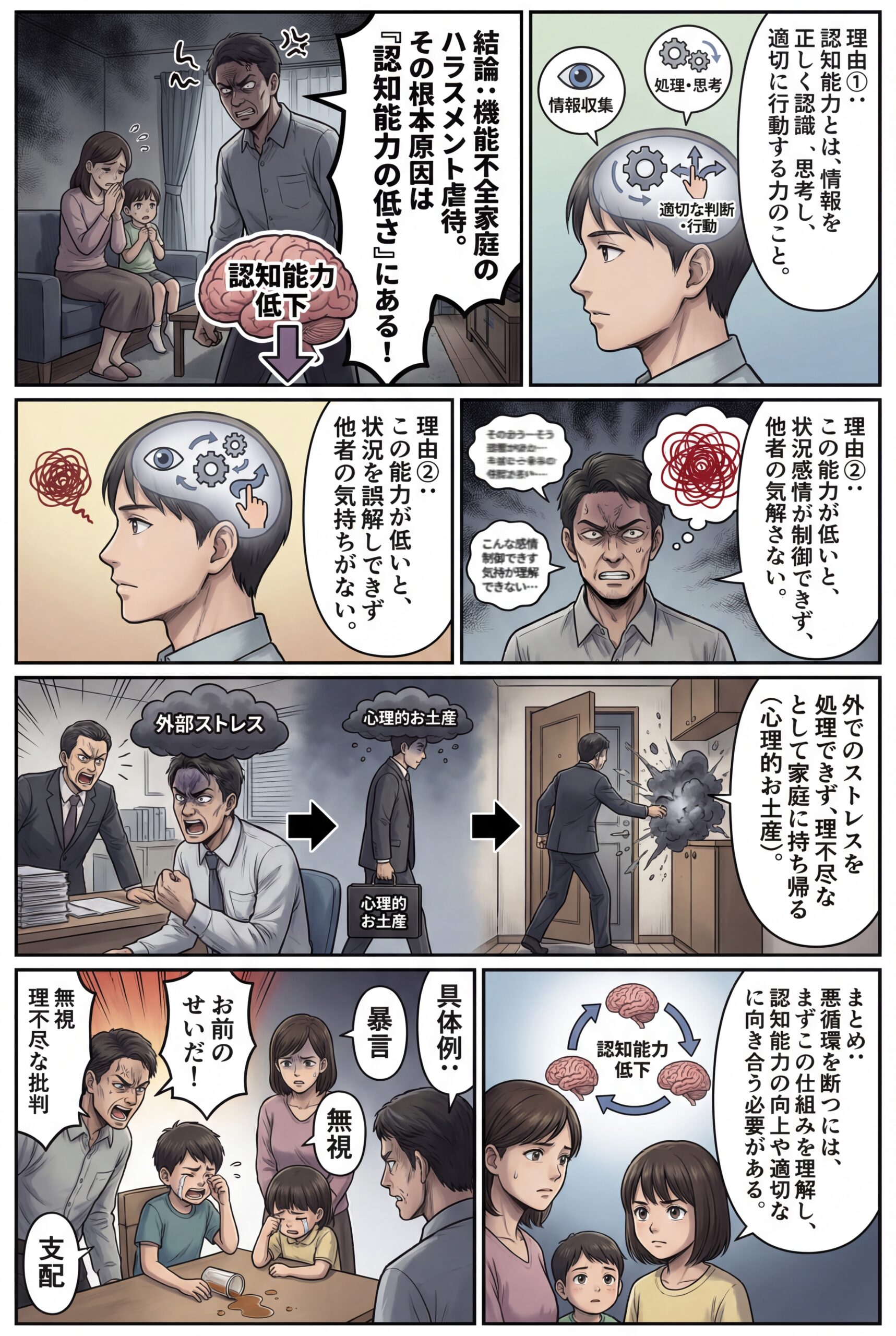 AIビジュアル：機能不全家庭での認知能力の低さが引き起こすハラスメント虐待：原因と対処法