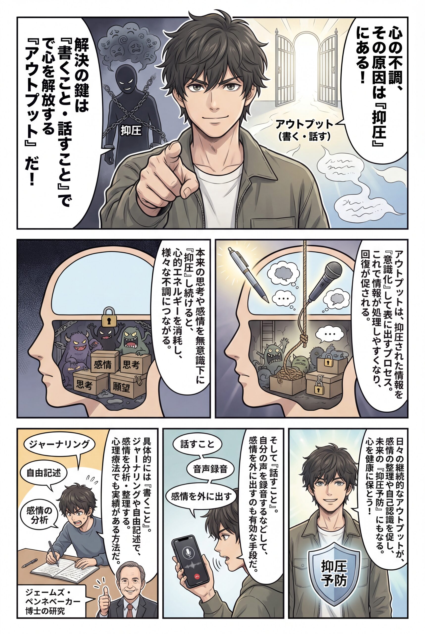 AIビジュアル:心の健康は手の中に:書くことと話すことで抑圧を解放(アウトプット)