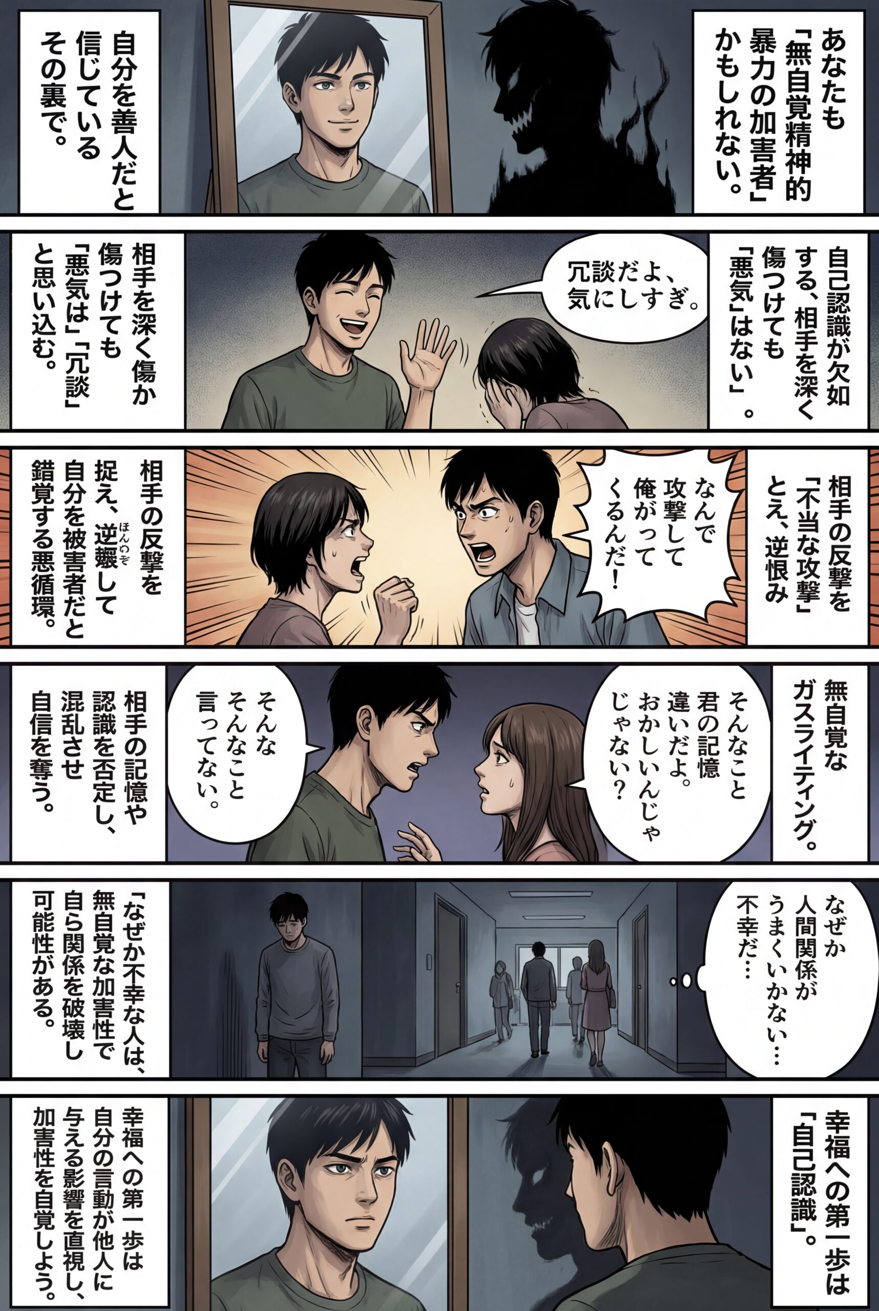 AIビジュアル:無自覚な加害者にならないための自己認識(書くこと):なぜそれが必要なのか。モラルハラスメントからガスライティングまで