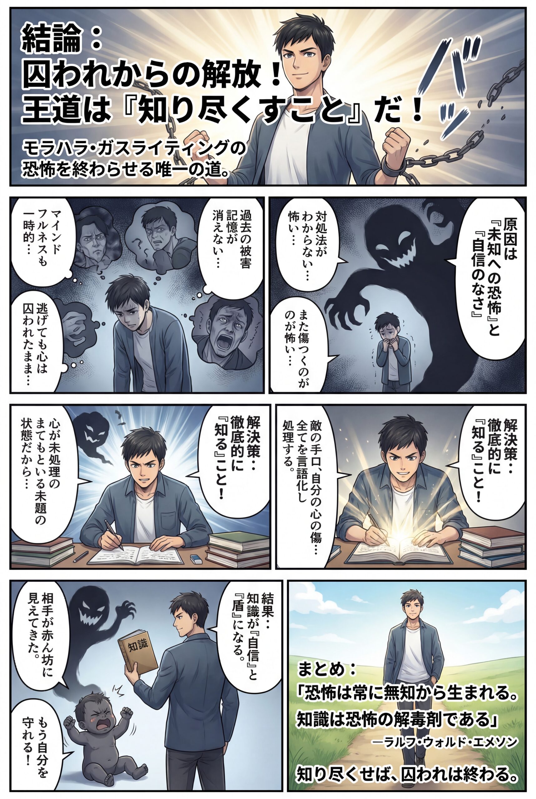 AIビジュアル：囚われからの解放！王道は知り尽くすこと：モラルハラスメントやガスライティング被害者へ