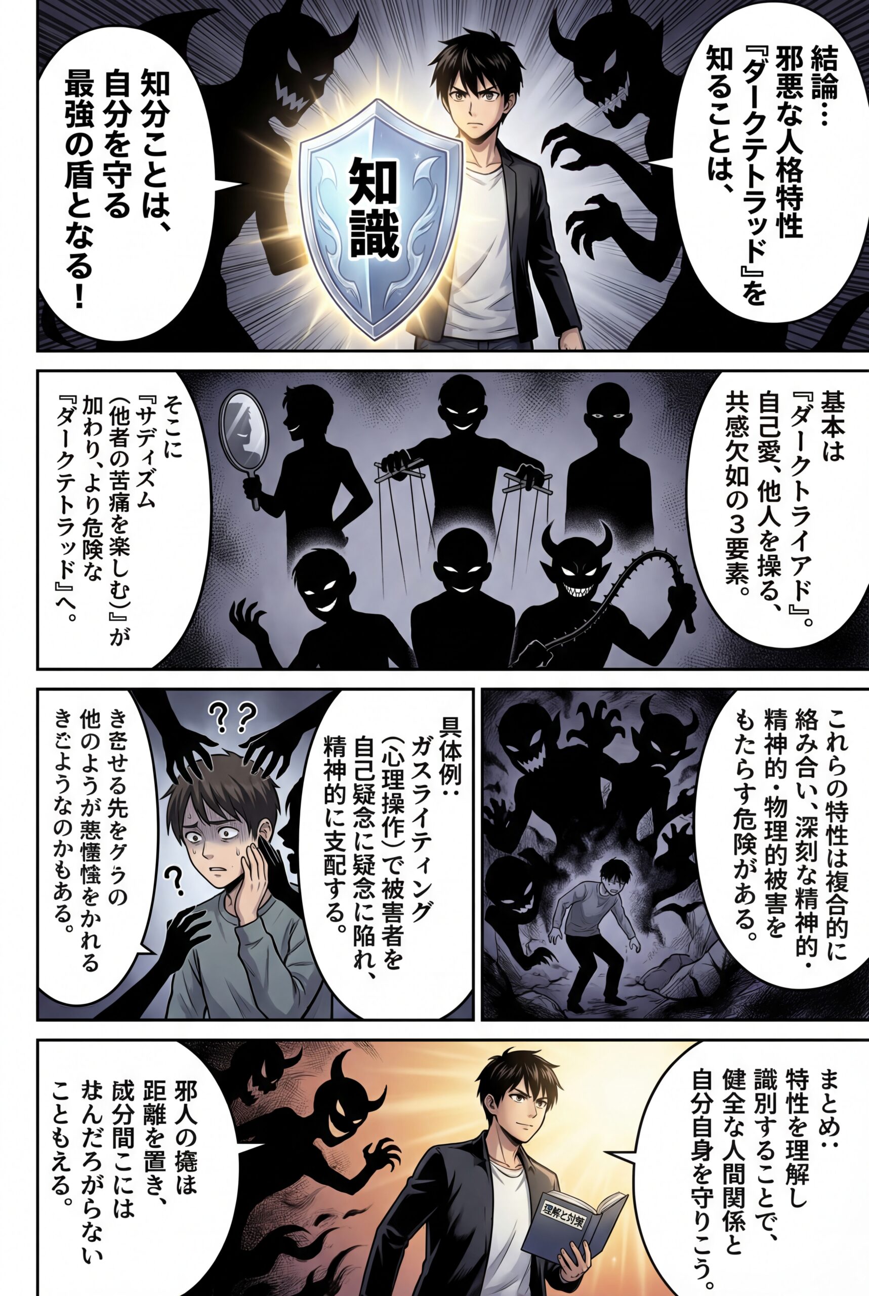 AIビジュアル：邪悪な人格特性：ダークトライアドとダークテトラッドの秘密、サイコパスとソシオパスの違い、そしてガスライティングの罠