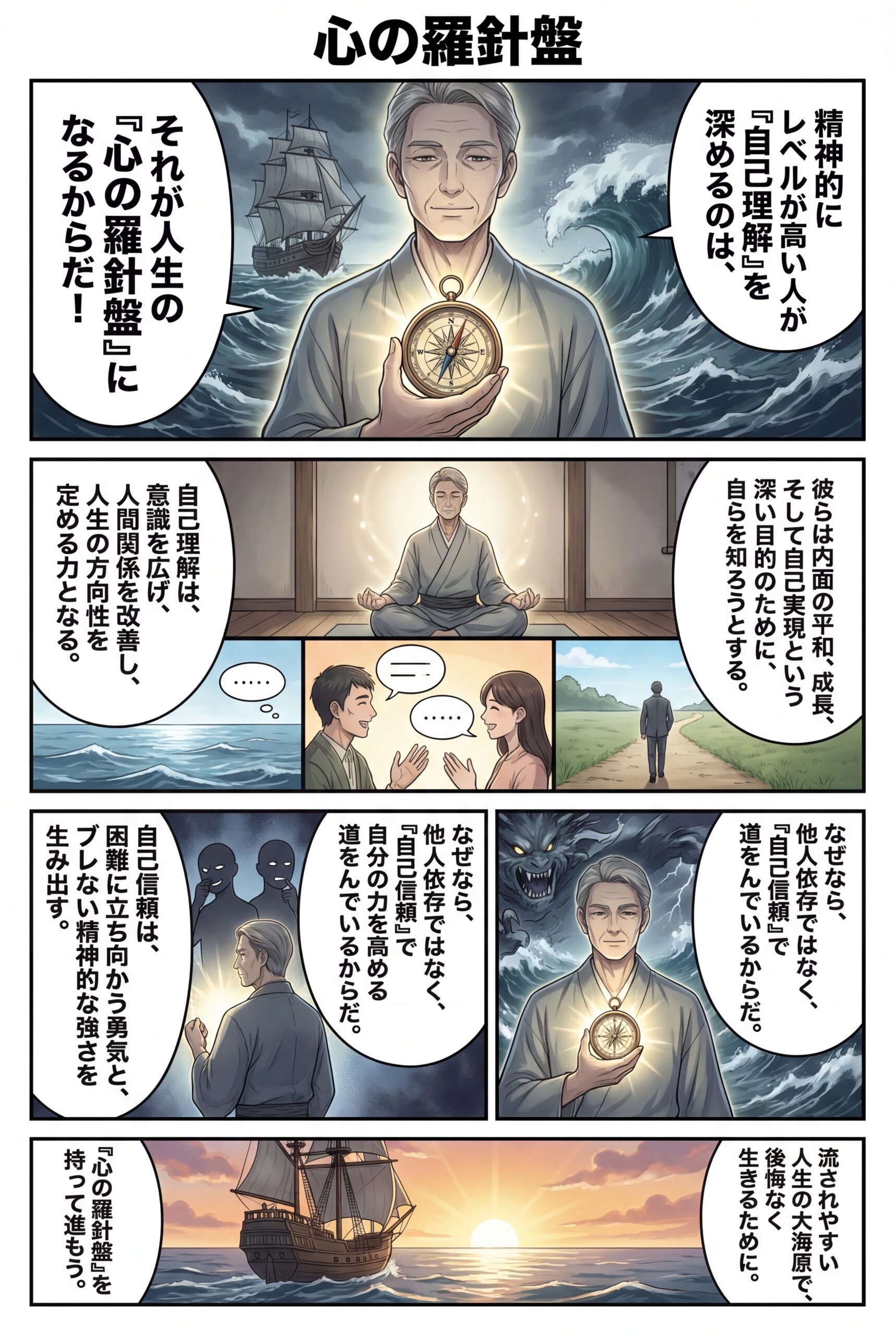 AIビジュアル：【心の羅針盤】なぜ、精神的にレベルが高い人、無意識の格が高い人たちは、自己理解を深めるのか？