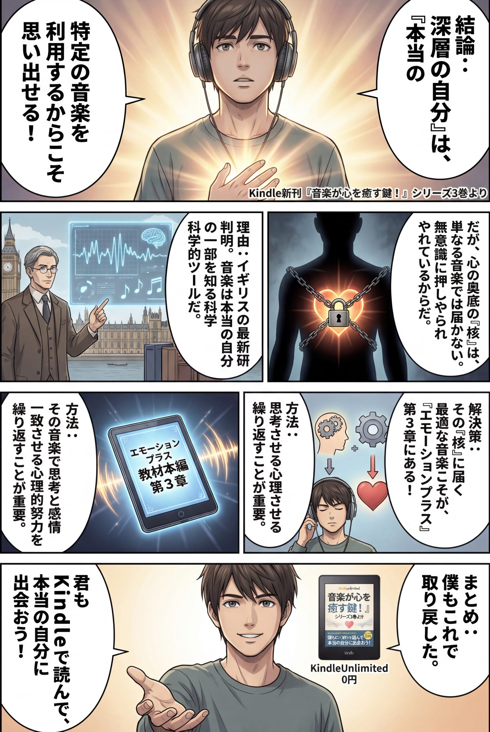 AIビジュアル:深層の本当の自分:「音楽が心を癒す鍵!」シリーズの3巻目(ミニ書籍)をAmazonのKindleストアで出版しました!