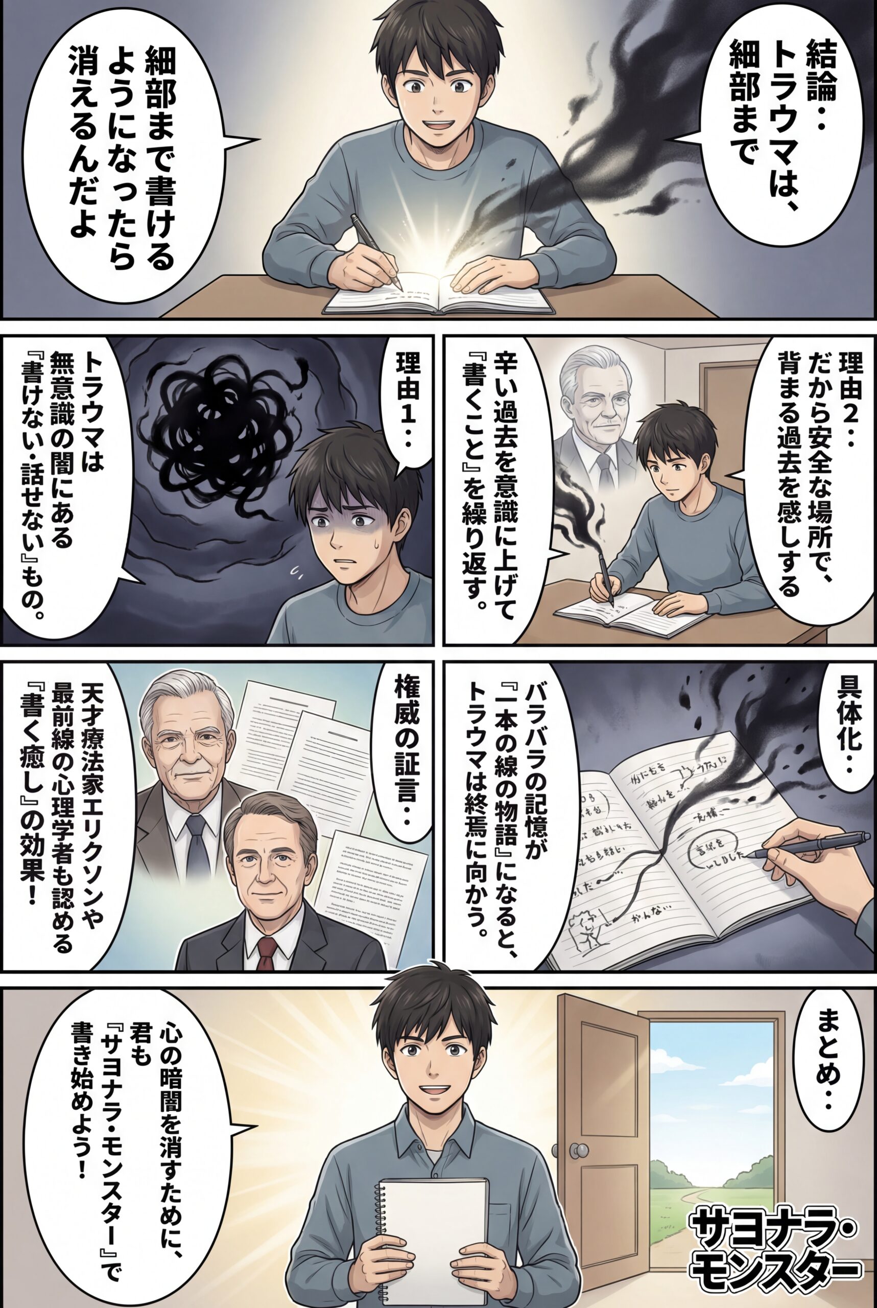 AIビジュアル:天才催眠療法家エリクソンが言ったように、トラウマって、細部まで書けるようになったら消えるんだよ