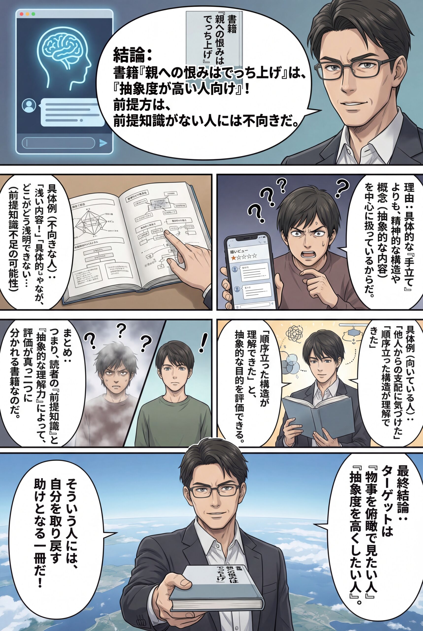 AIビジュアル：書籍「親への恨みはでっち上げ」は、抽象度が高い人や高くしたい人向け！前提知識がない人は不向き。その理由とは？