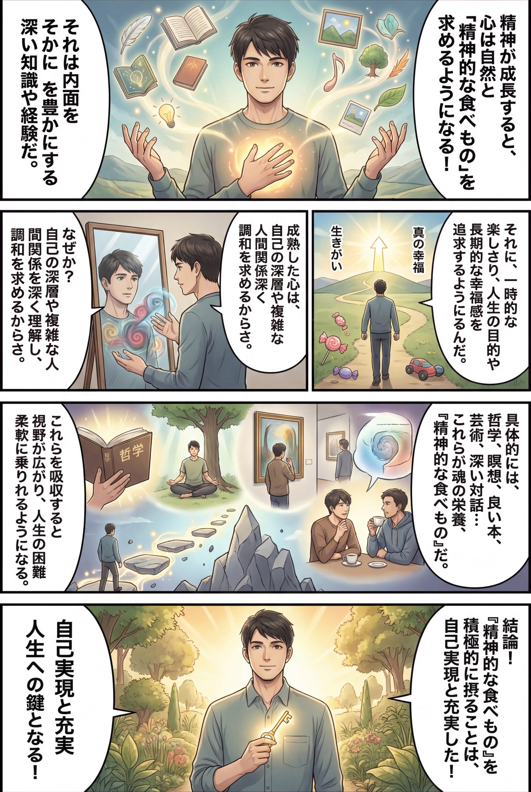 AIビジュアル:内なる成長への旅: 精神的な食べものへの興味が増す理由とその深遠な影響