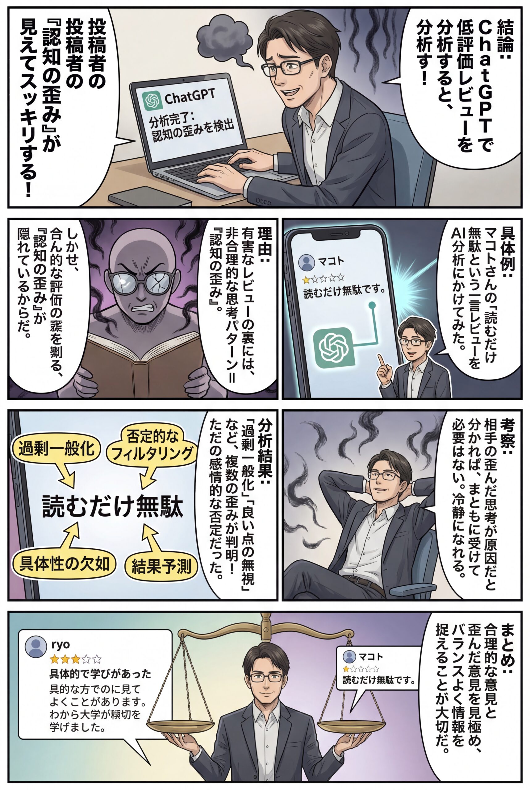 AIビジュアル：マコトさんが投稿した低評価レビューの認知の歪みをChatGPT4.0で分析して、スッキリ！