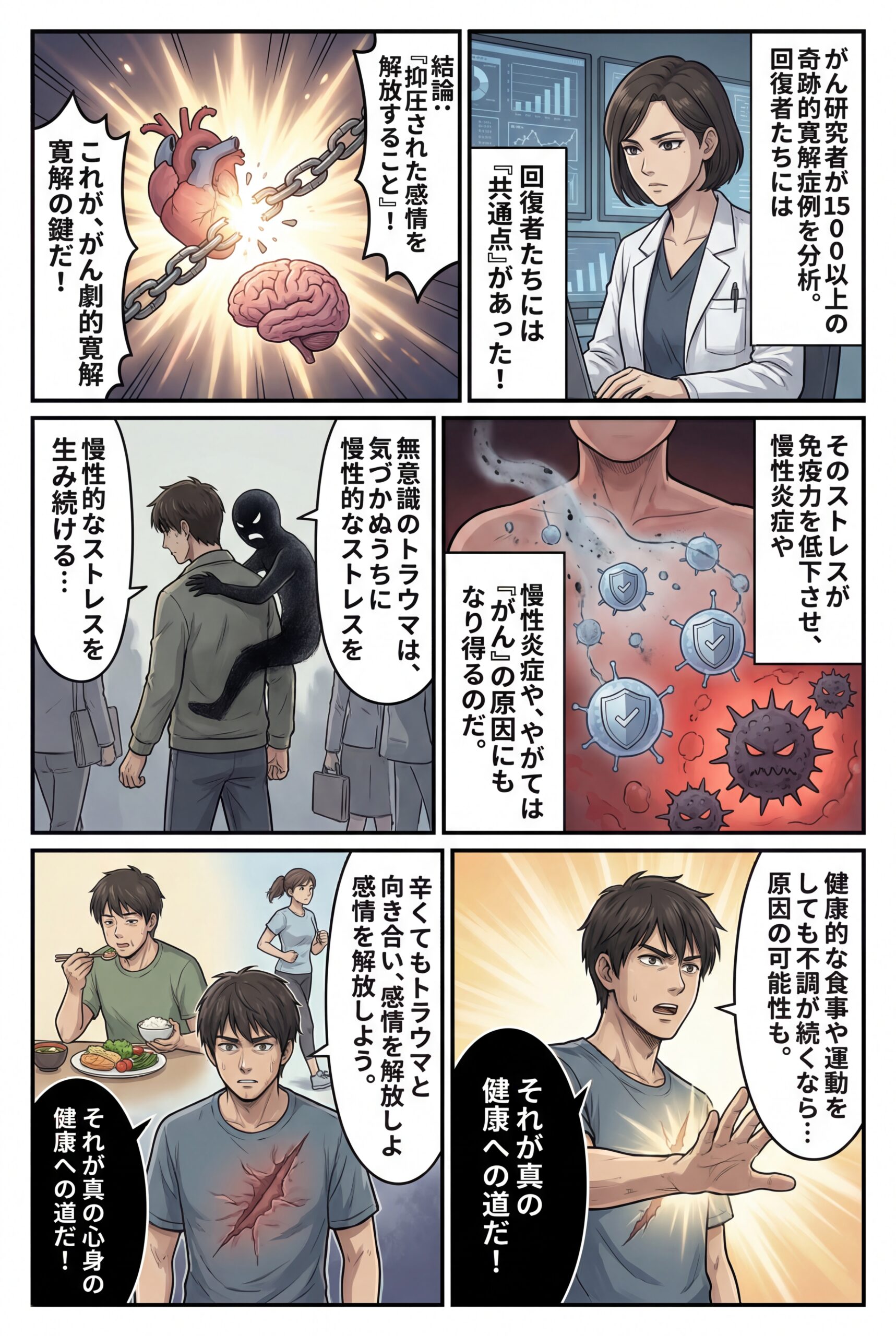 AIビジュアル：抑圧された感情に気づき、それを解放しよう：がん研究者が示唆！トラウマと慢性疾患の関係性！