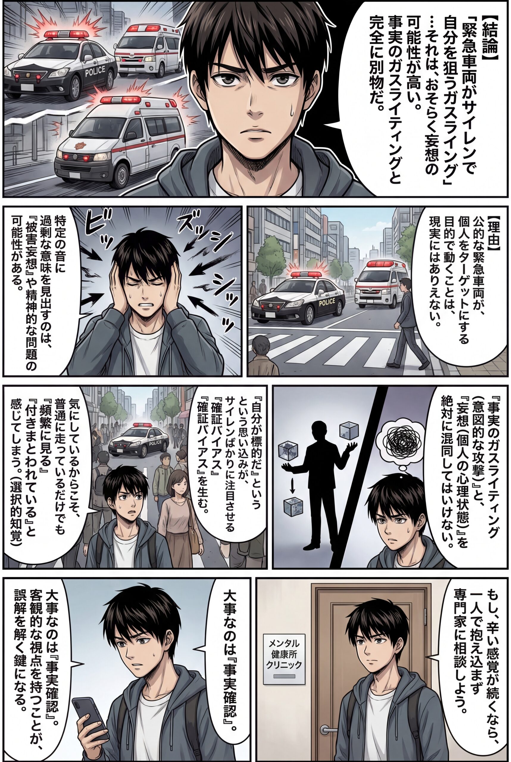 AIビジュアル：【質問】パトカーや救急車がサイレンを鳴らしてくるガスライティングをされているという人たちがいますが、あれはおそらくは妄想ですよね？