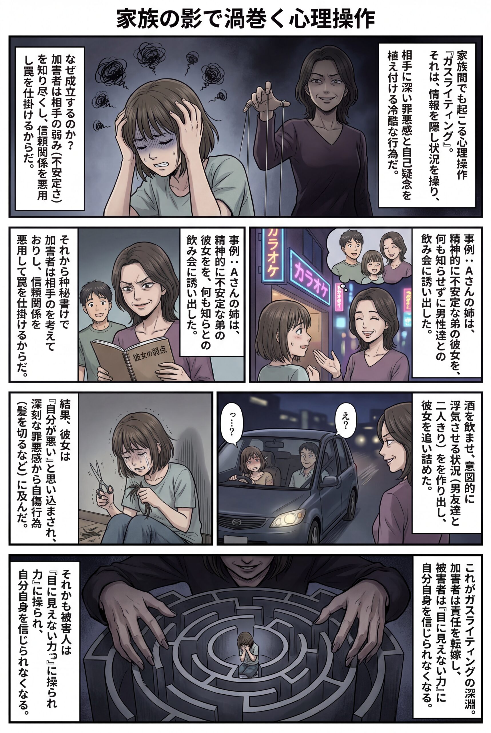 AIビジュアル：家族の影で渦巻く心理操作: ガスライティングの深淵を越えて