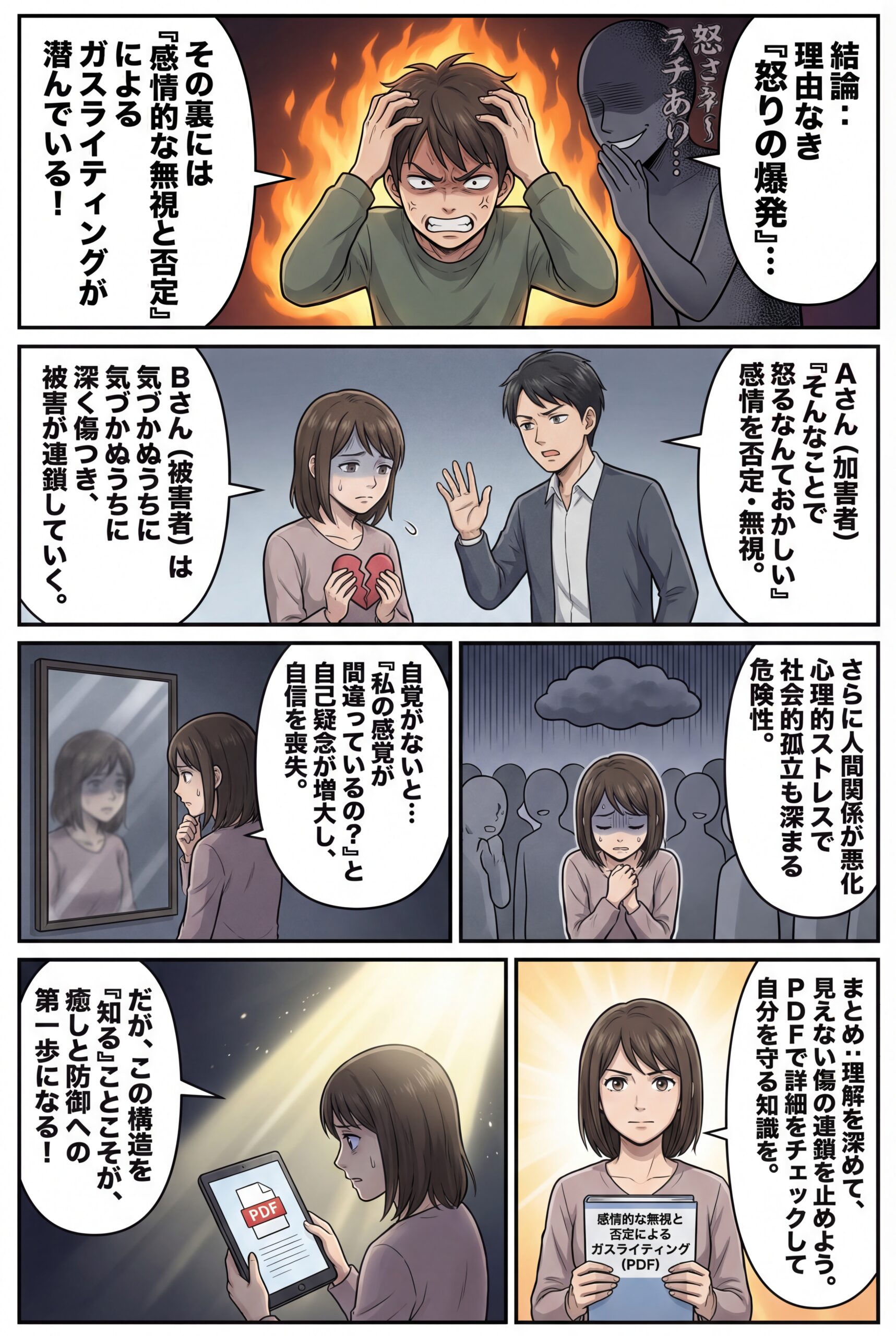 AIビジュアル:感情的な無視と否定によるガスライティング:一次被害から三次被害〜見えない傷を深める連鎖