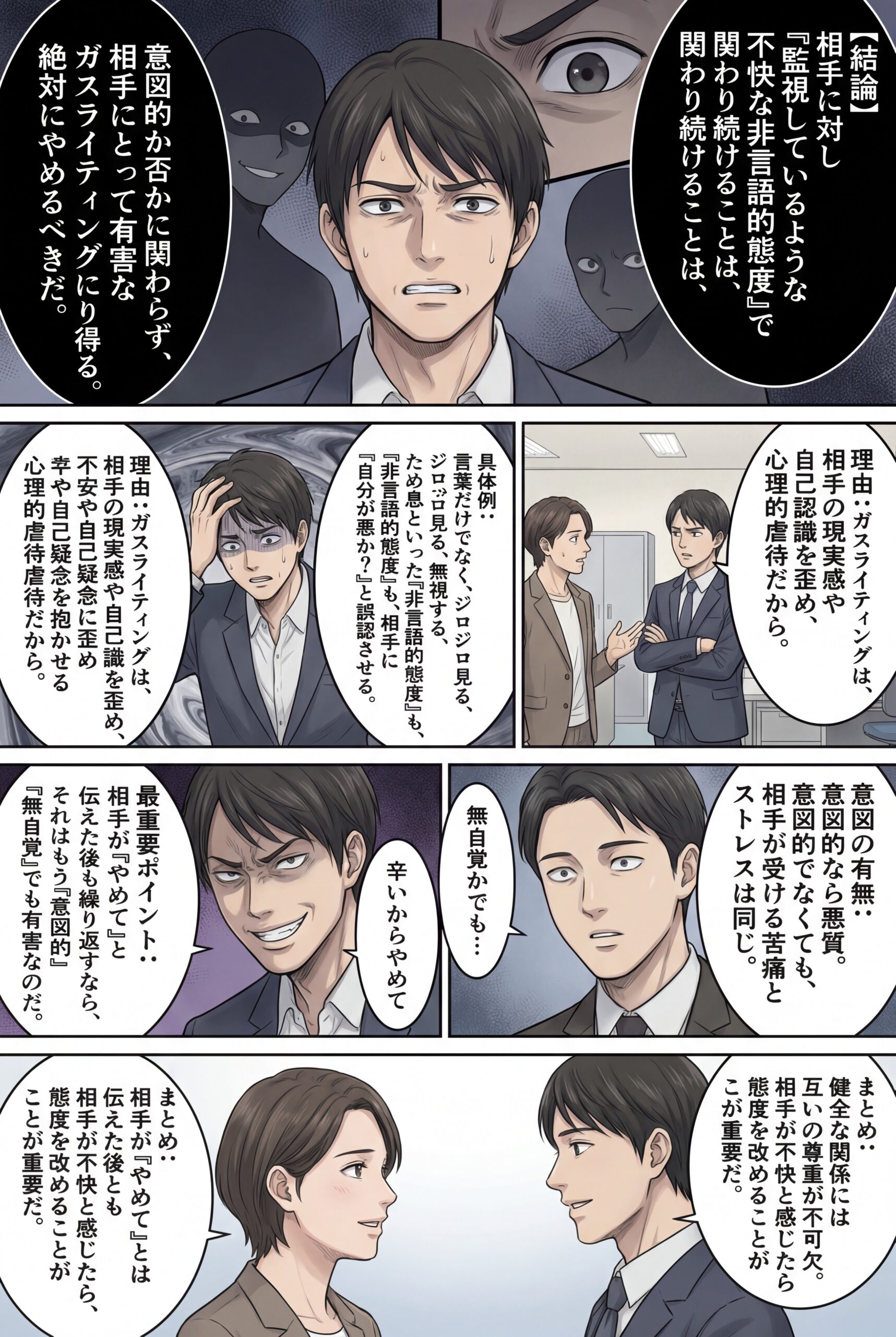 AIビジュアル：【質問】相手に対し、監視しているような不快な非言語な態度で関わり続けることはガスライティング？