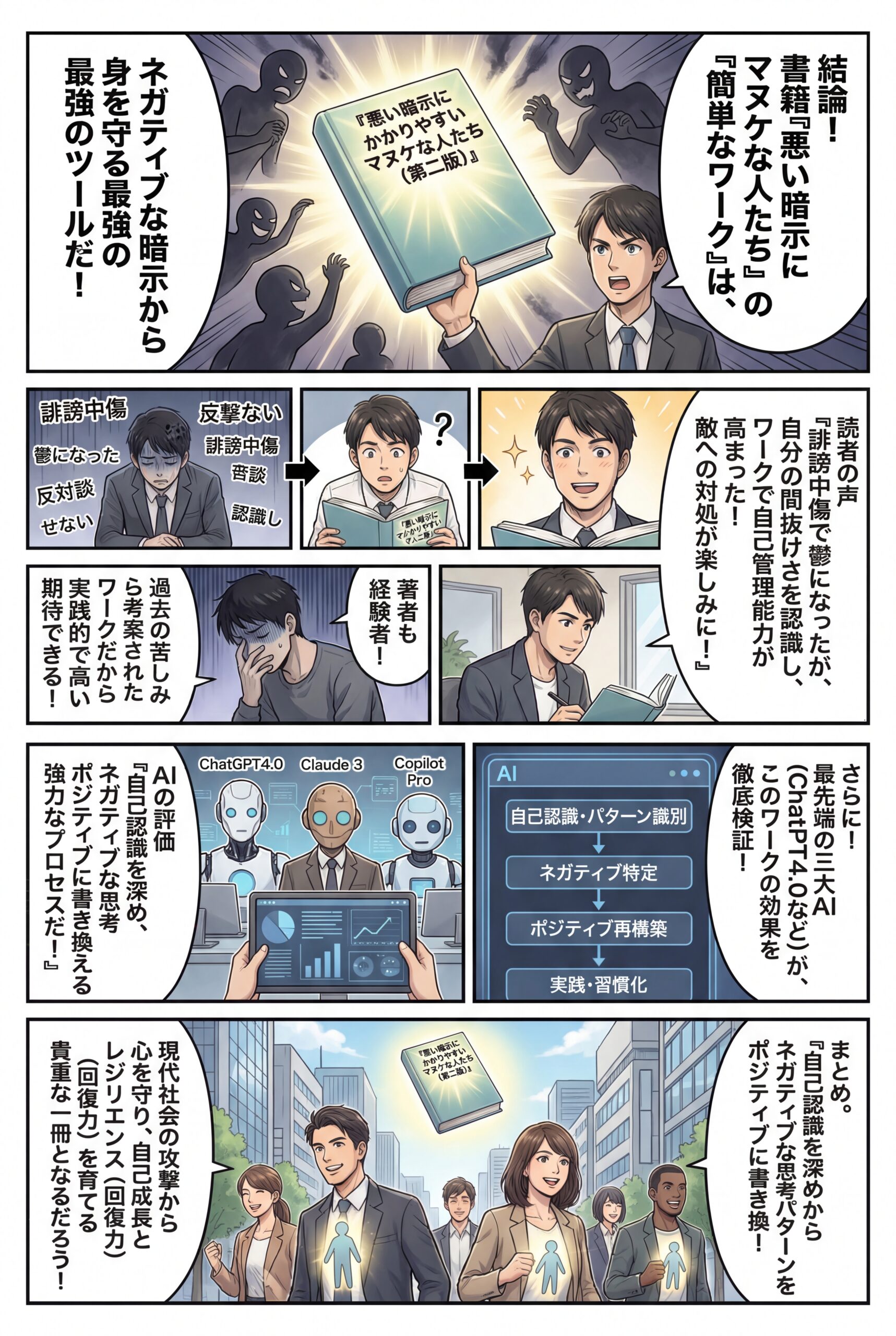 AIビジュアル:悪い暗示にかかりやすいマヌケな人たち(第二版)に高評価!:「悪い暗示に気づく簡単なワーク」を三大AIが解説!!