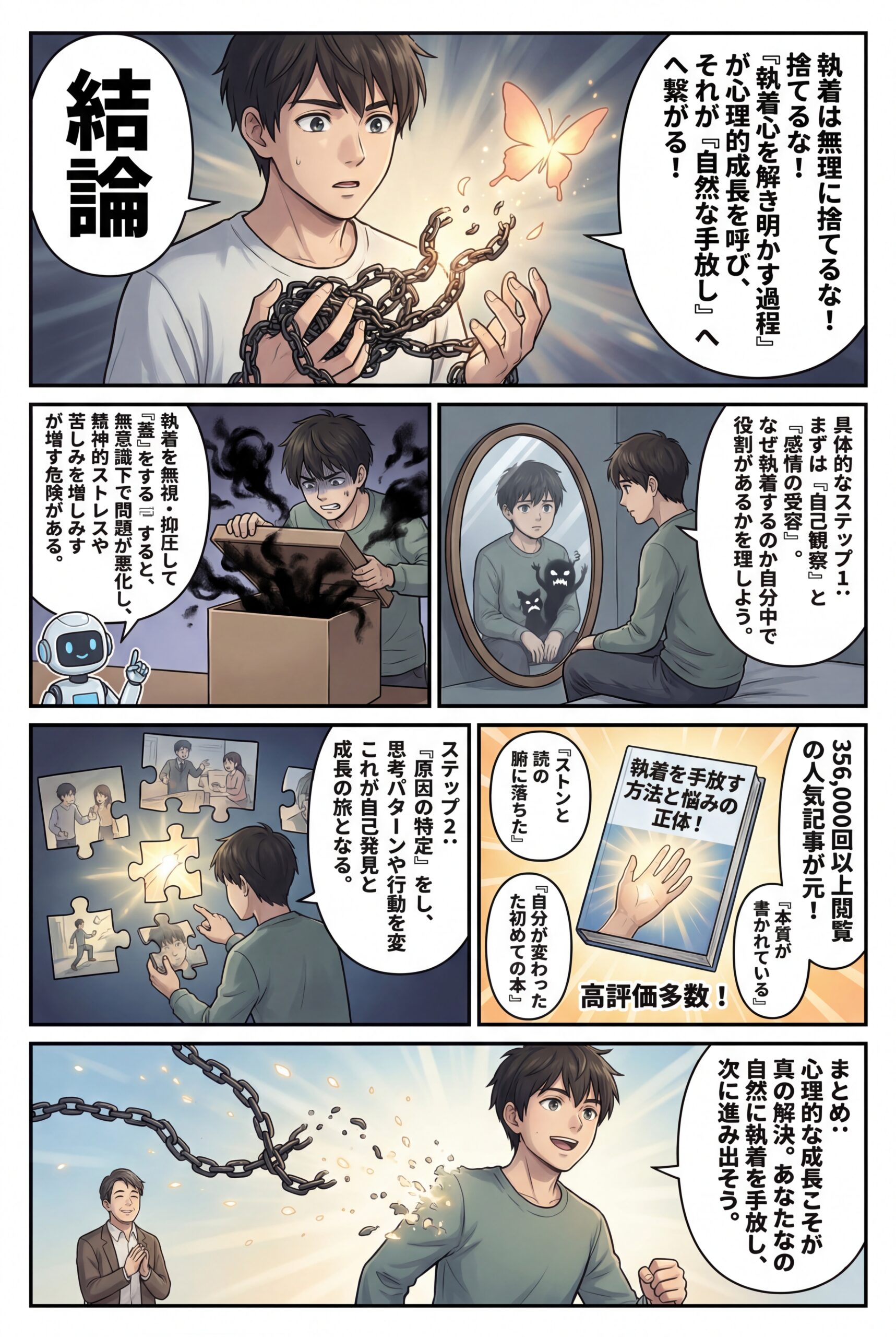 AIビジュアル:356000回以上も閲覧された人気記事をもとに書いた書籍「執着を手放す方法と悩みの正体!」に高評価が!