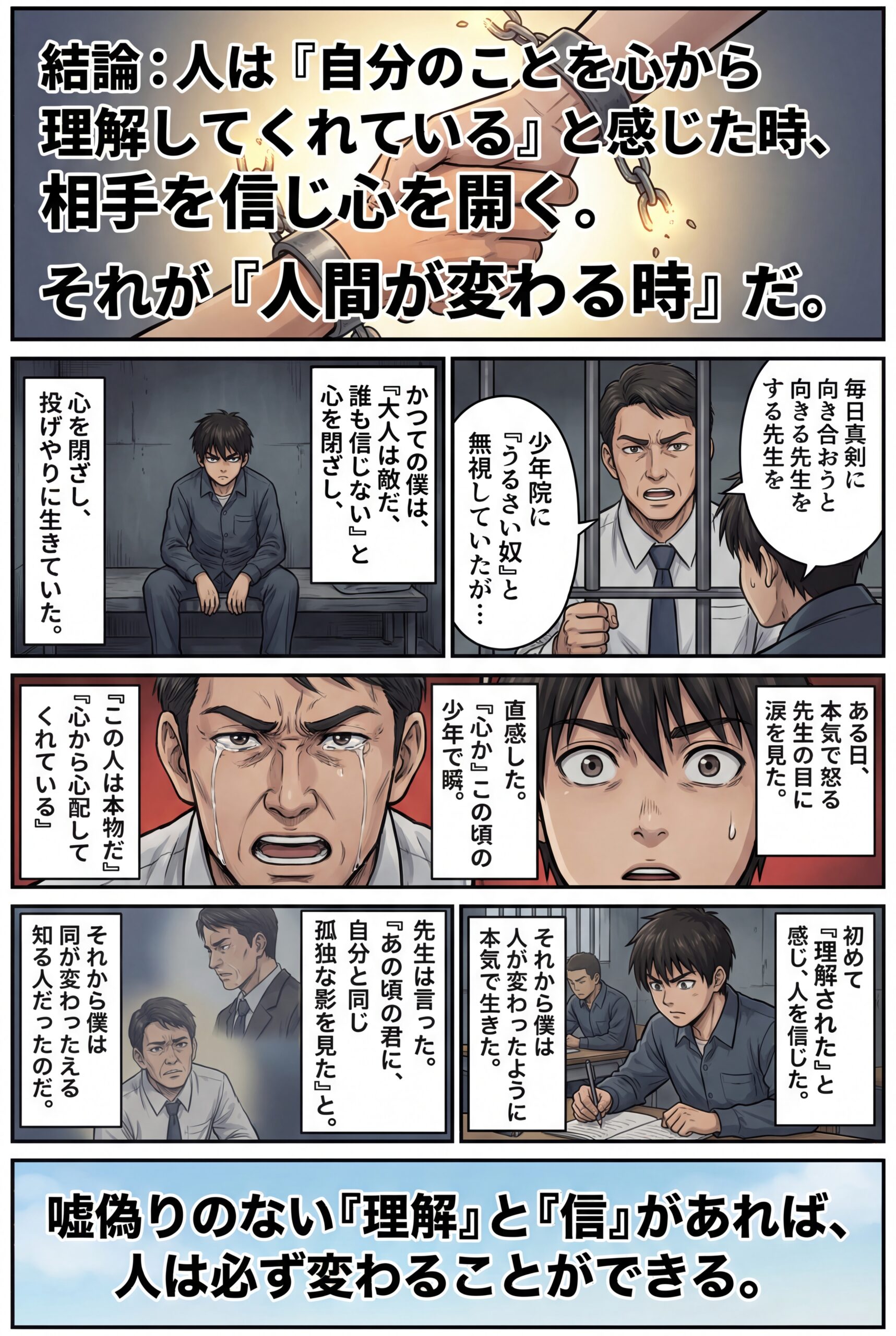 AIビジュアル：【人間が変わるとき】人は自分のことをわかってくれていると心から感じるとき、心を開いて相手を信じる。