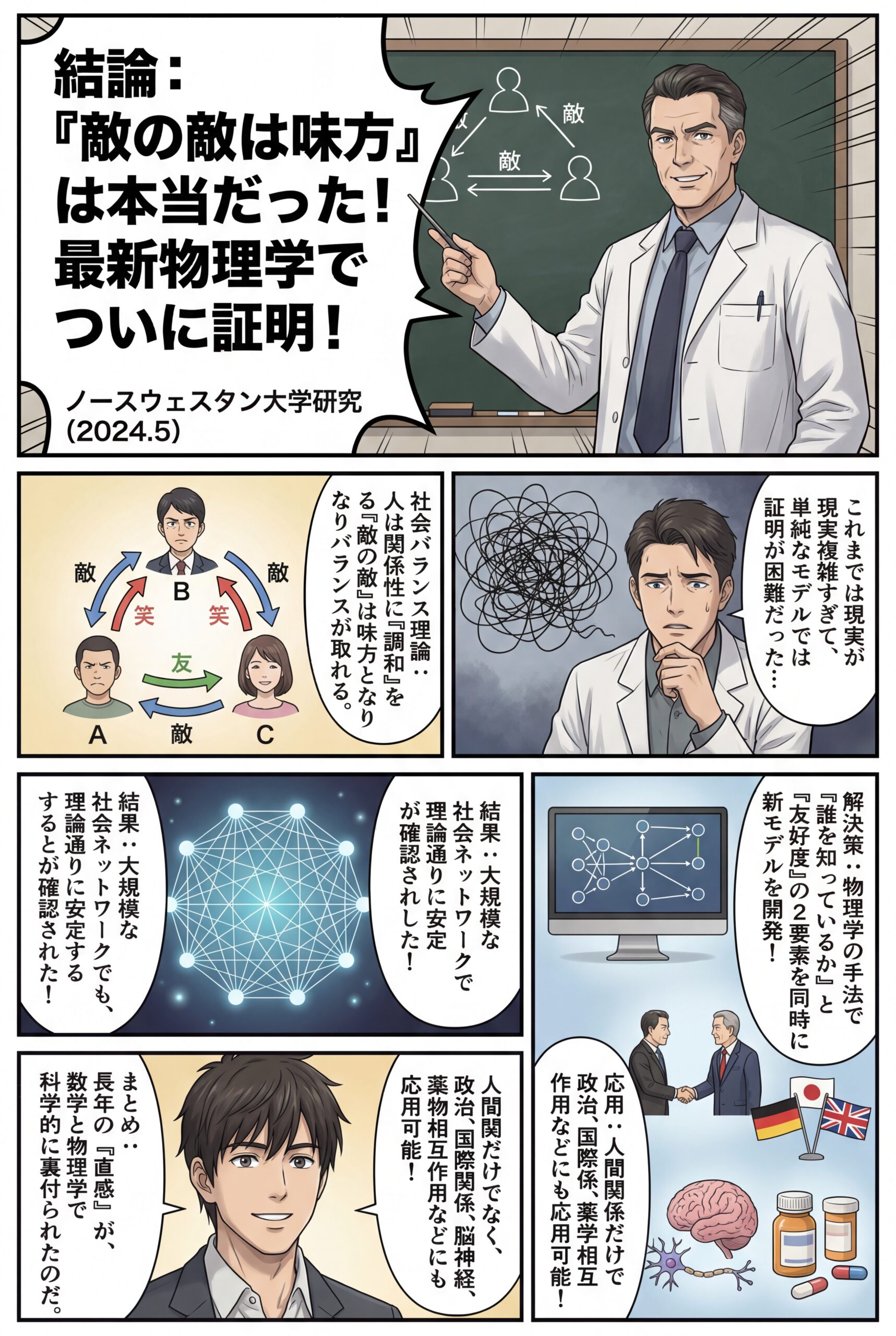 AIビジュアル:「敵の敵は味方」は本当だった!最新研究、物理学で証明 – ノースウェスタン大学が明かす社会バランス理論の真実(2024年5月)