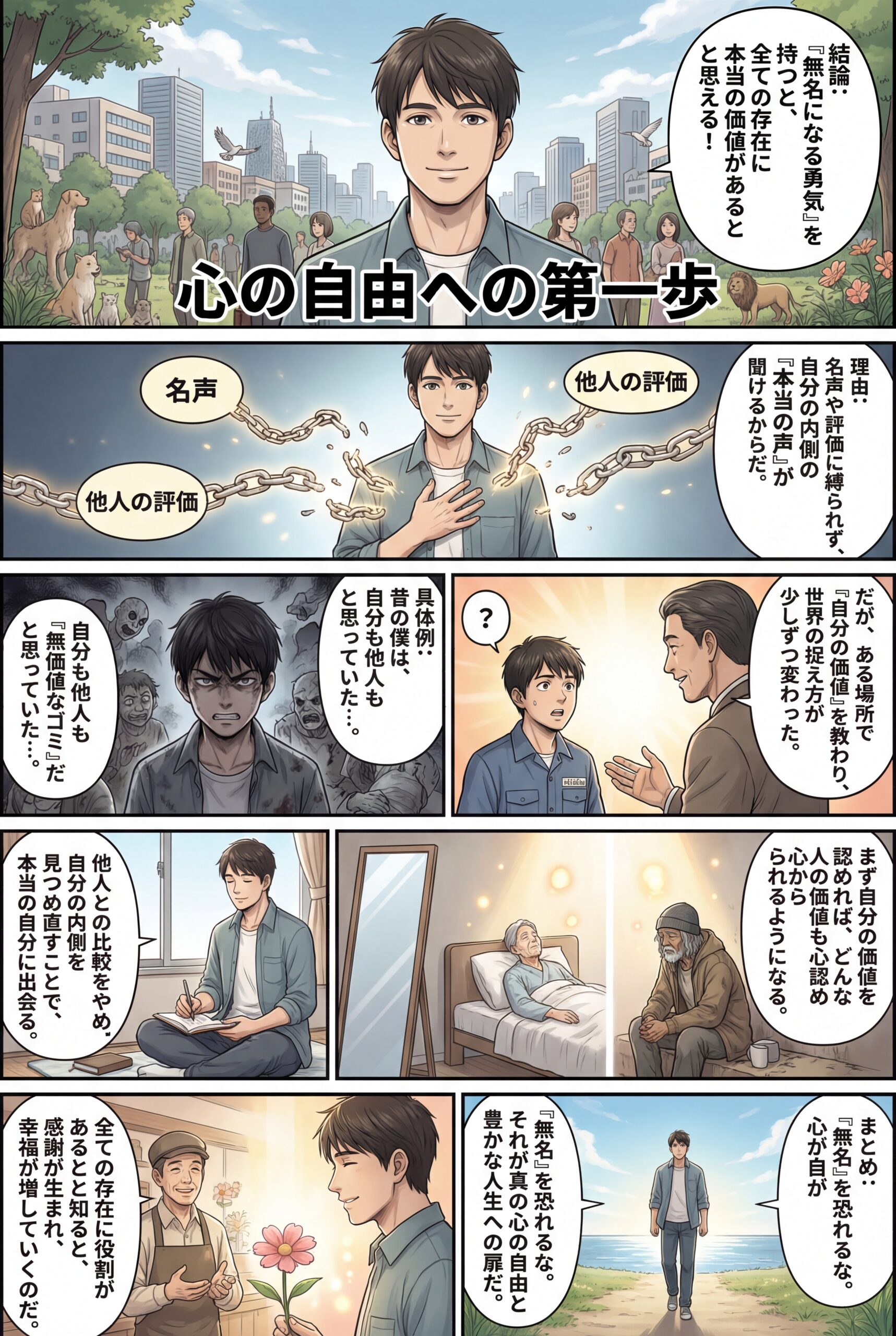 AIビジュアル：無名になる勇気を持つと全ての存在に価値があると思える