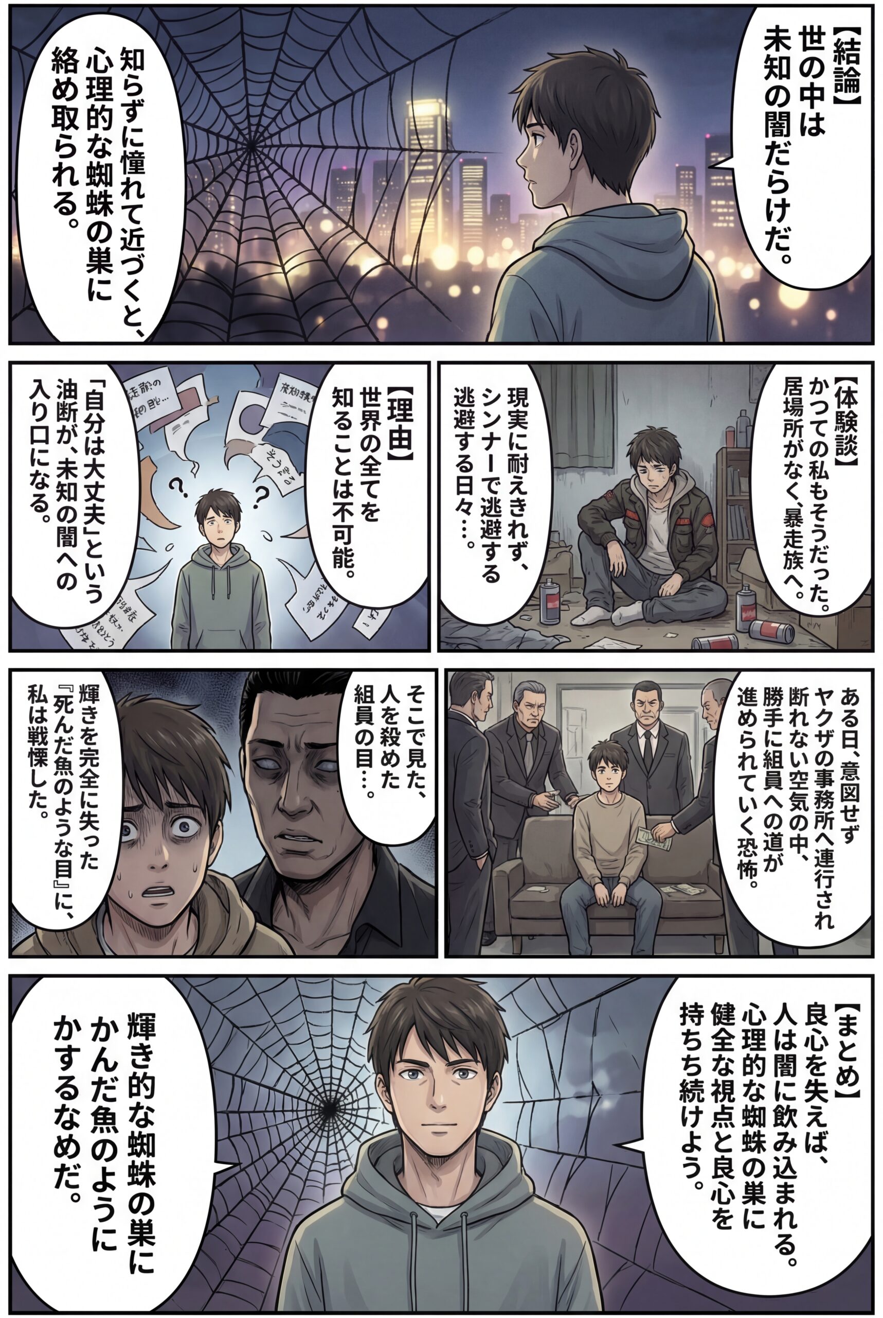 AIビジュアル：【重いテーマ】世の中の闇。一般人は何も知らずに憧れて近寄り、そして蜘蛛の巣にかかる。