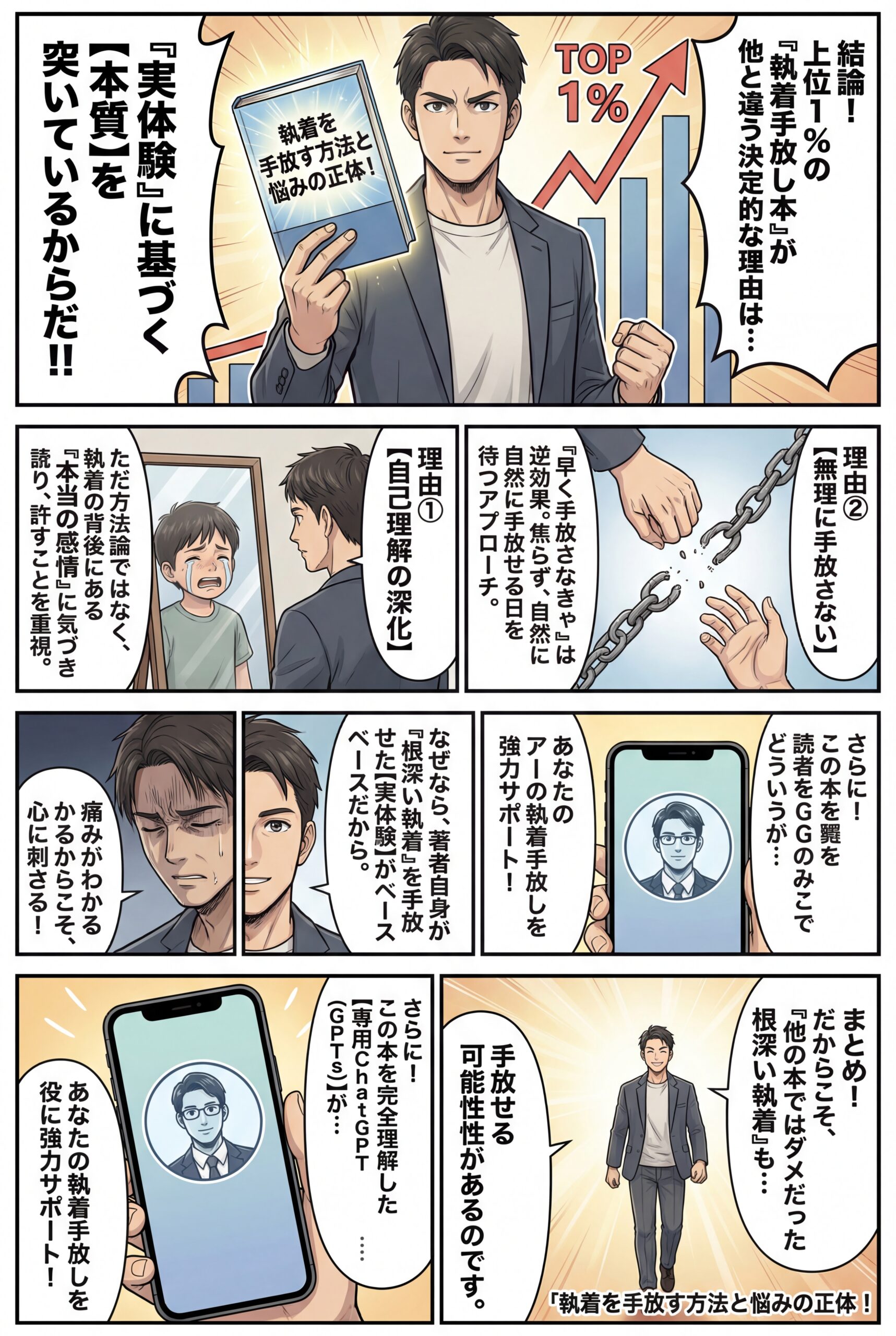 AIビジュアル：上位１%に入ったことがある執着の手放し本「執着を手放す方法と悩みの正体！」は、他とどう違うの？