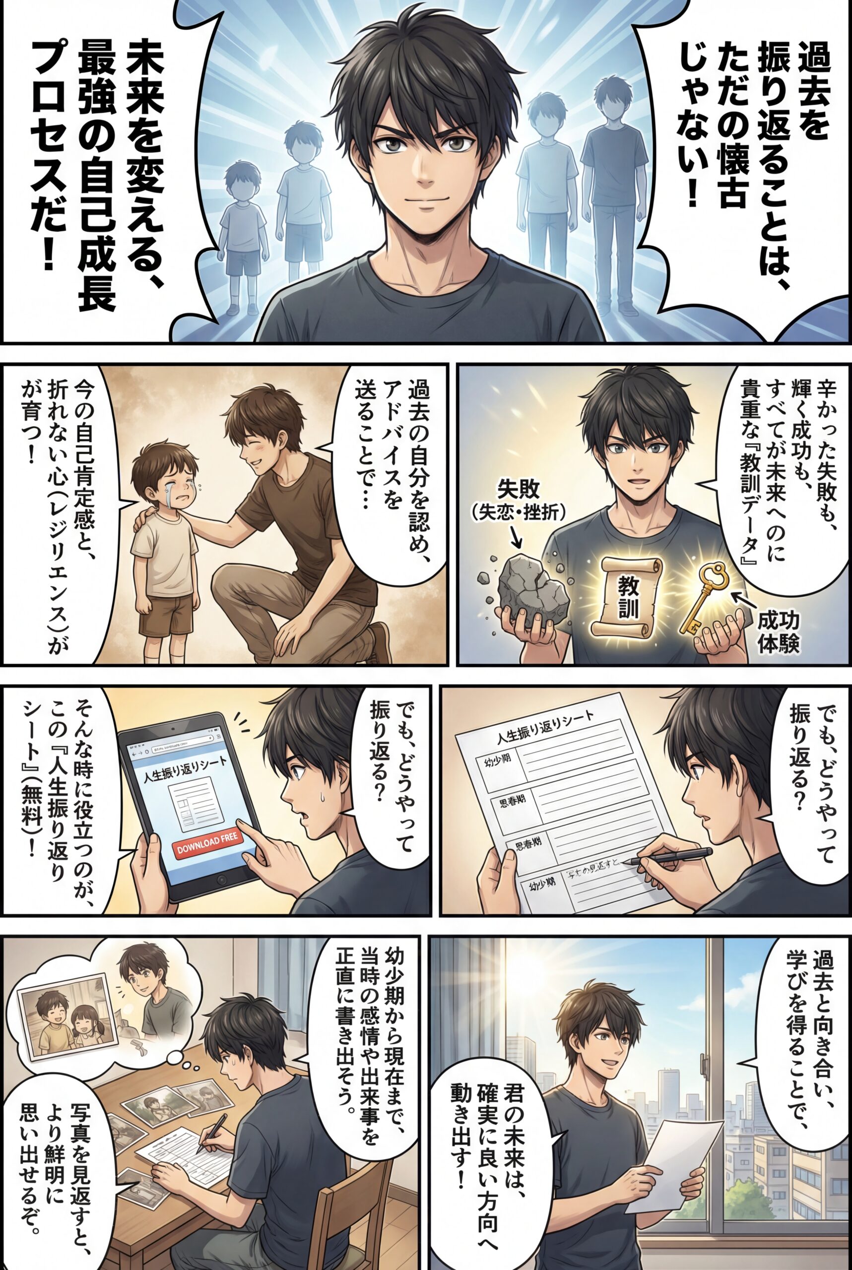 AIビジュアル：幼少期から現在までの過去を振り返り自己理解を深める方法：無料プレゼント（人生振り返りシート）