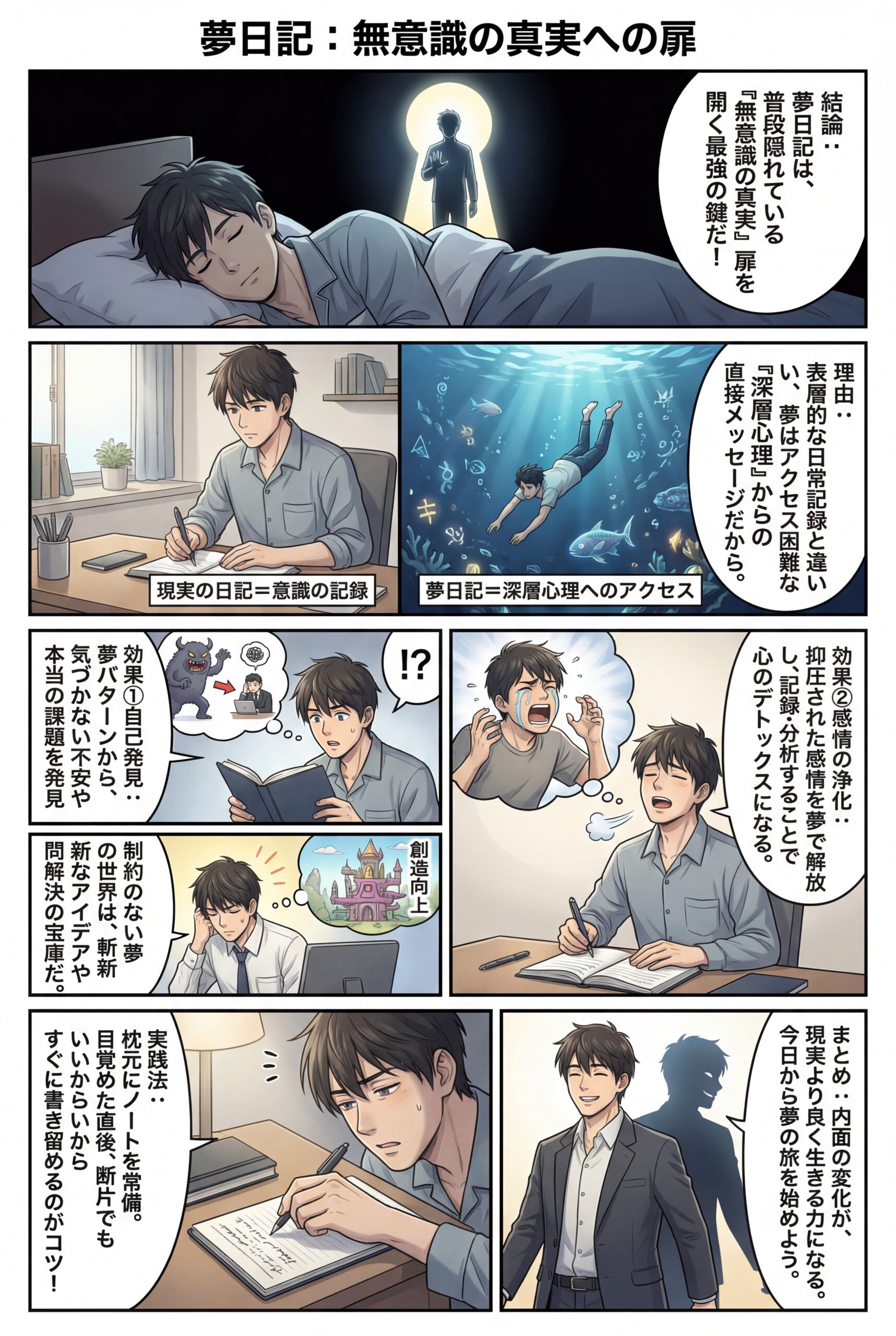 AIビジュアル：現実の日記では得られない夢日記の驚くべき効果：書くことがもたらす内面の変化