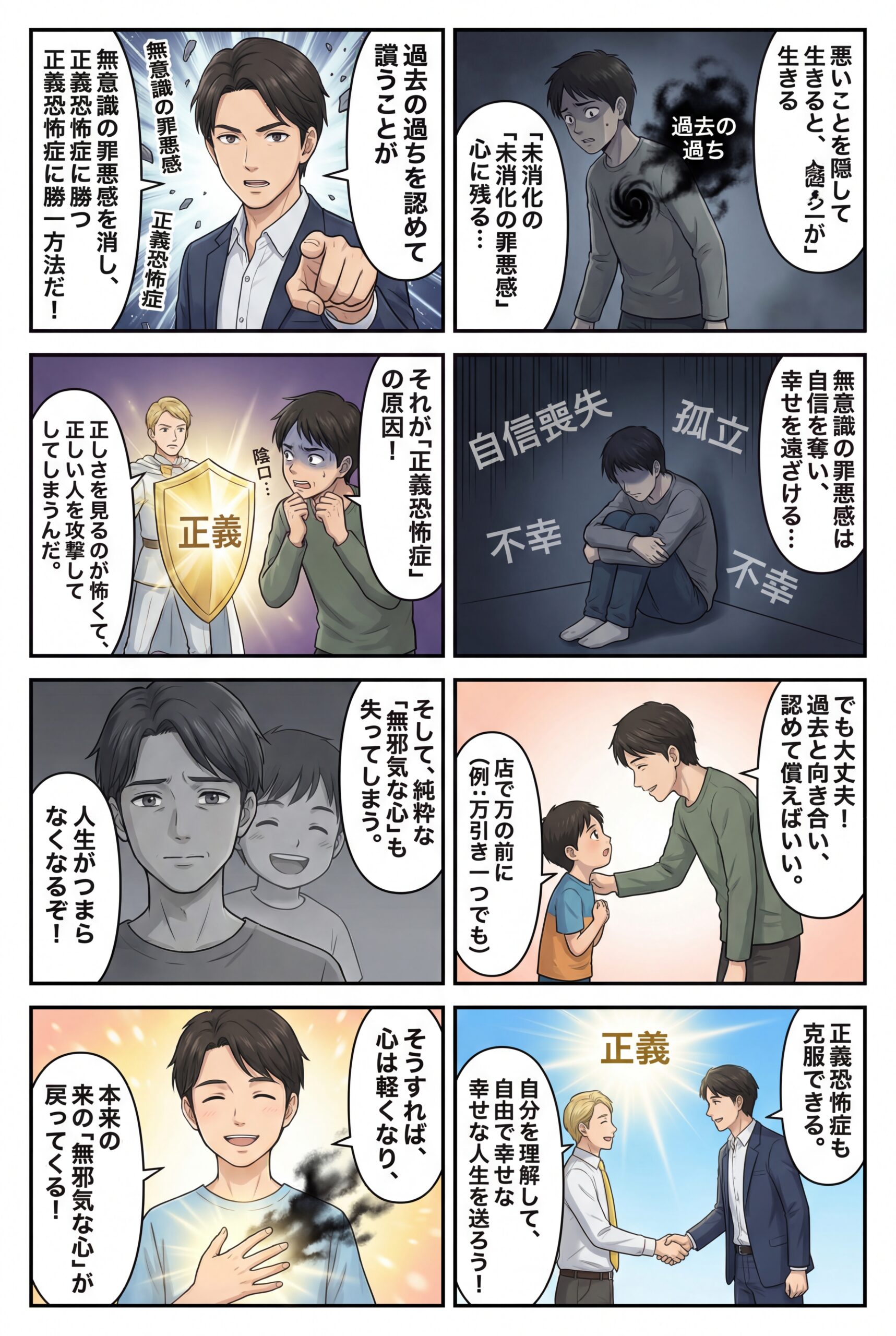 AIビジュアル：「無意識の罪悪感」を消し去る：「無邪気な心」を取り戻し、正義恐怖症に打ち勝つ方法