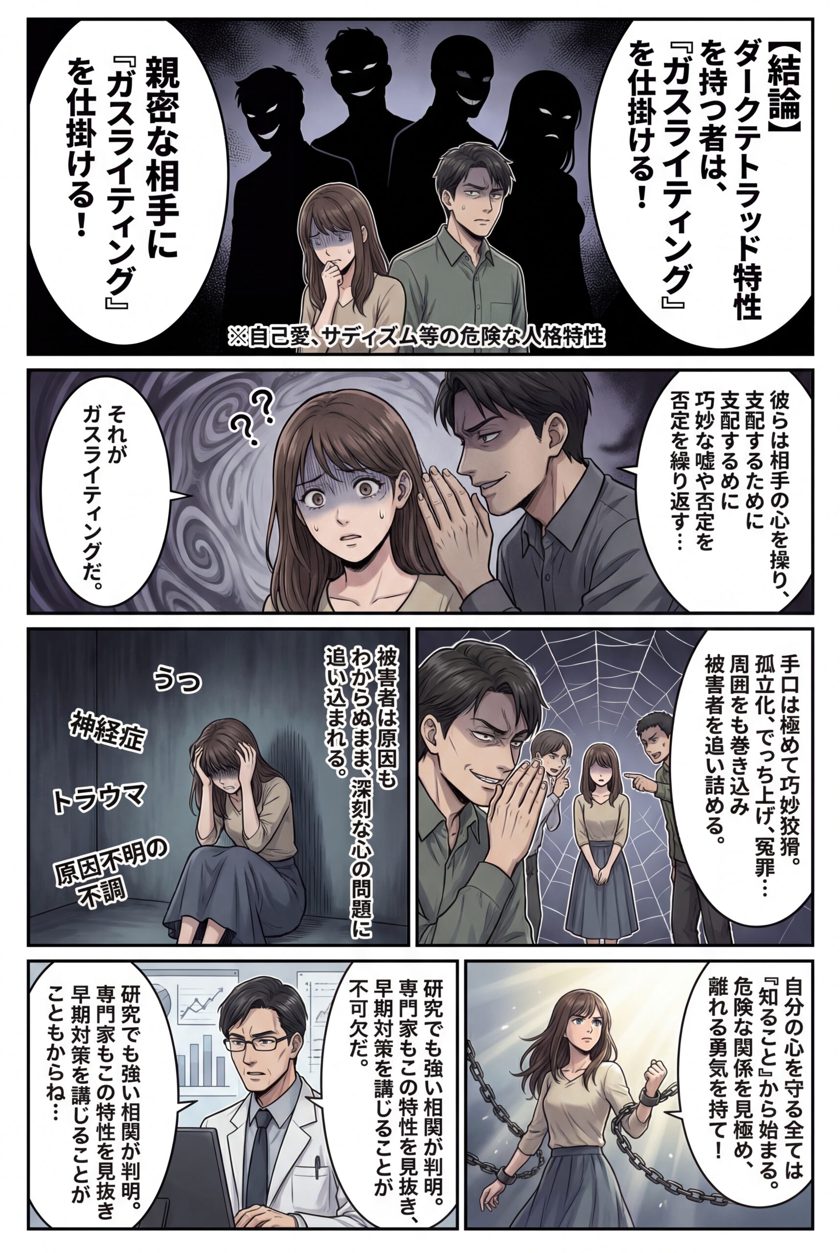 AIビジュアル：【超危険】ダークテトラッド特性を持つ人は、親密な関係においてガスライティング戦術を用いる傾向が強い！