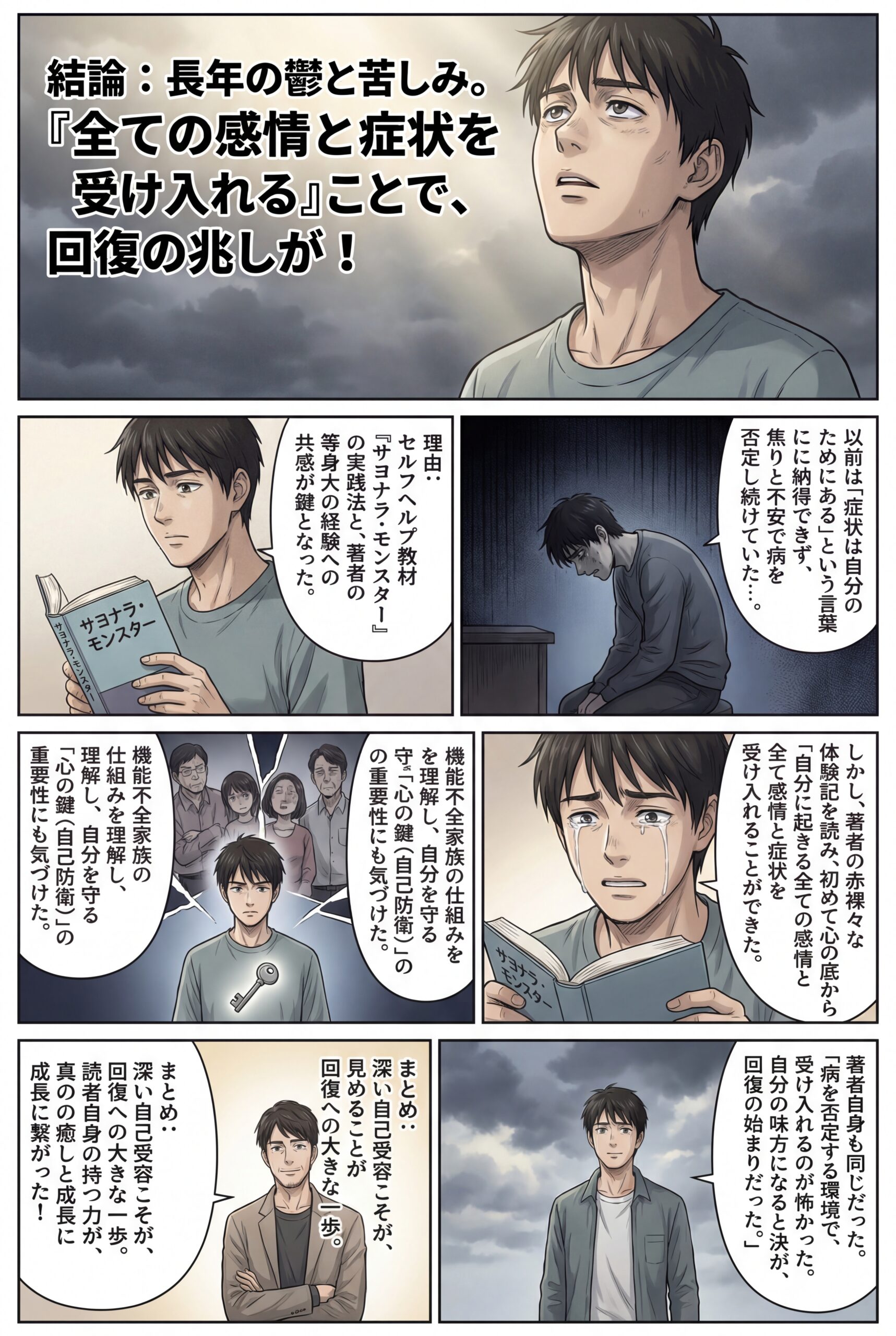 AIビジュアル：セルフヘルプ教材「サヨナラ・モンスター」に高評価（星５つ）が！繰り返される鬱の中での苦しみを乗り越え、感情や症状を受け入れることで回復の兆しを感じられた購入者さま