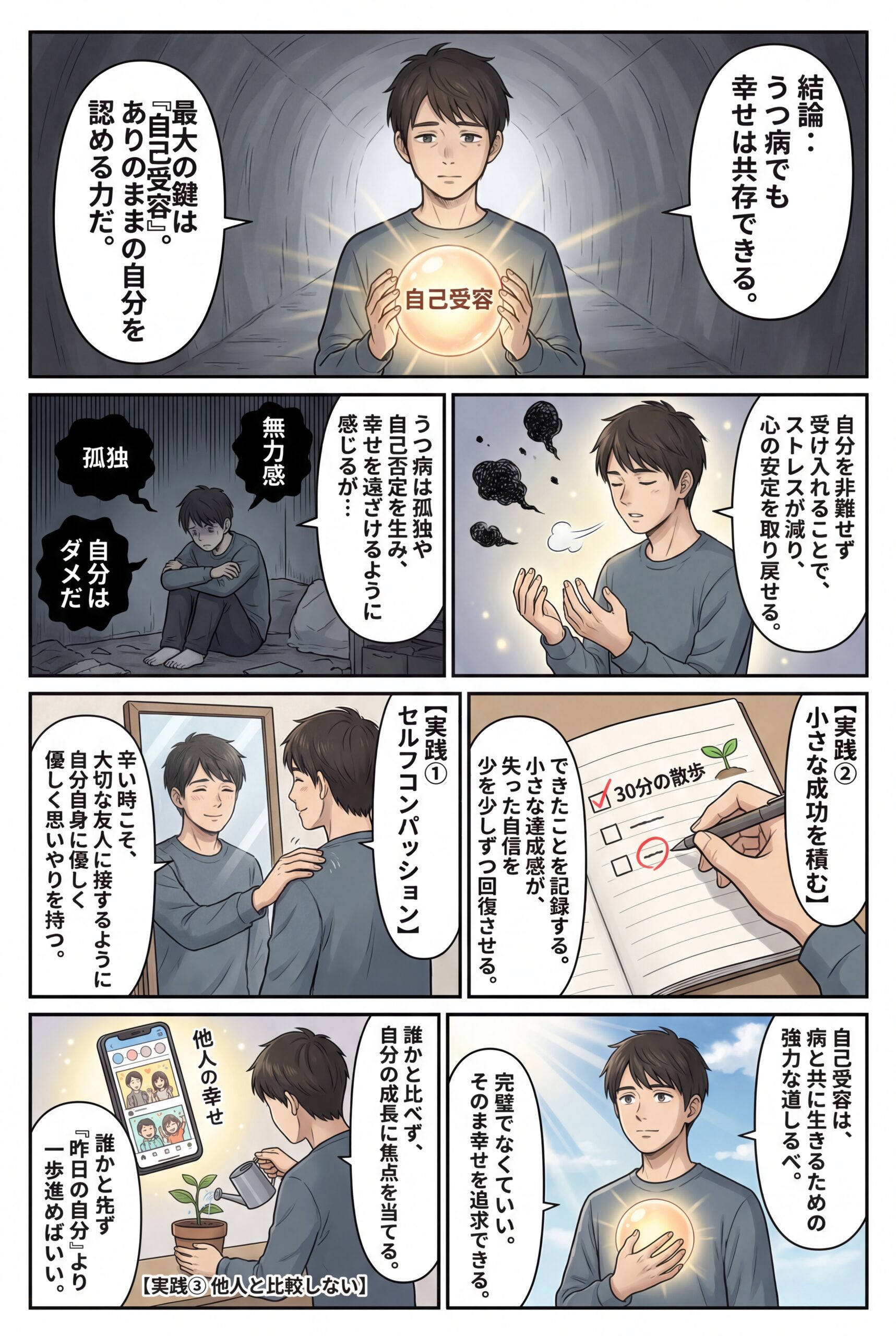 AIビジュアル：うつ病でも幸せになる方法：病を受容し、ありのまま生きる自己受容の力【専門家の視点】