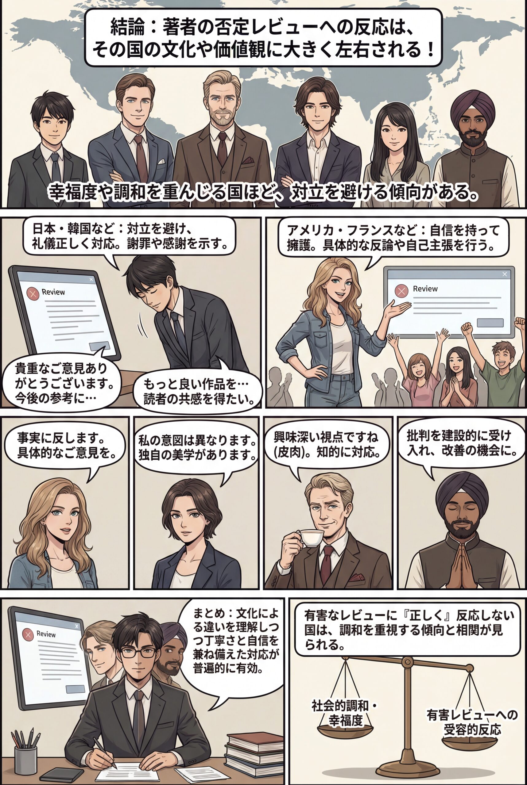 AIビジュアル：国ごとに考えられる否定的なレビューに対する著者の反応：ChatGPT4o（幸福度ランキングと有害レビューへの対応には、一定の相関が見られます。）