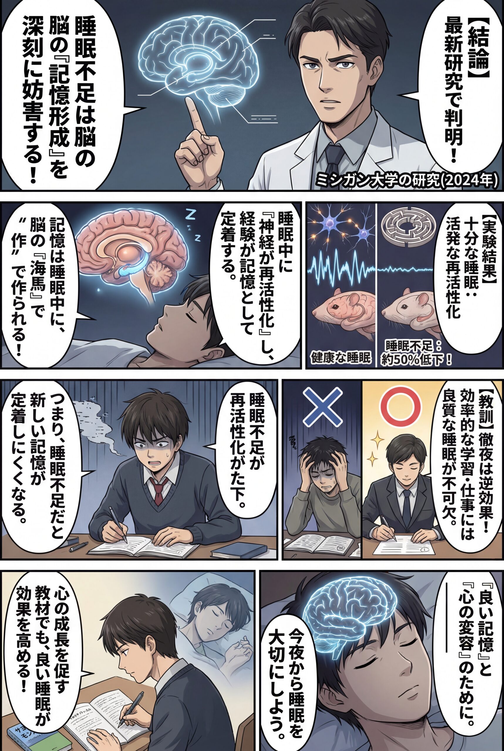 AIビジュアル：【米国最大級の研究機関】ミシガン大学の最新研究（2024年6月13日）で判明！睡眠不足が記憶形成に深刻な影響！
